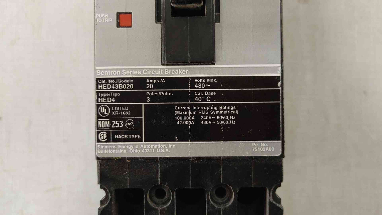 Siemens 20A 3 Pole Circuit Breaker 480VAC HHED43B020(104794)