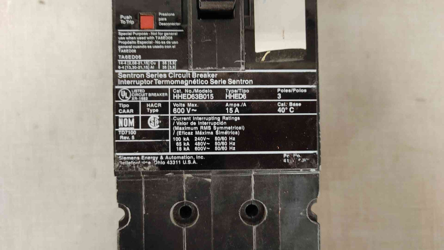 Siemens 15A 3 Pole Circuit Breaker 600VAC HHED63B015(104796)