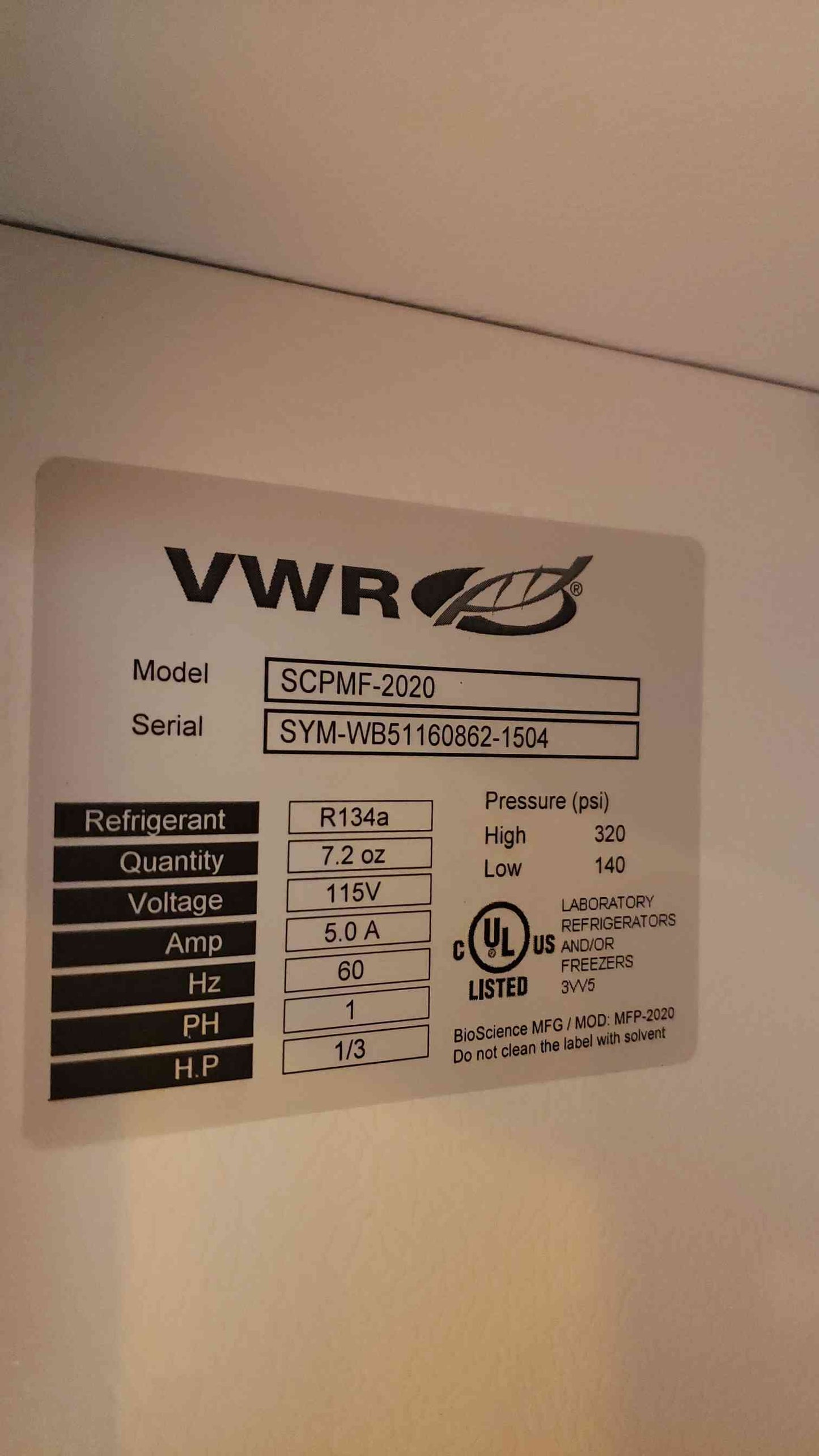 VWR 1PH 115V 5.0A -20 Lab Freezers SCPMF-2020 (105065)