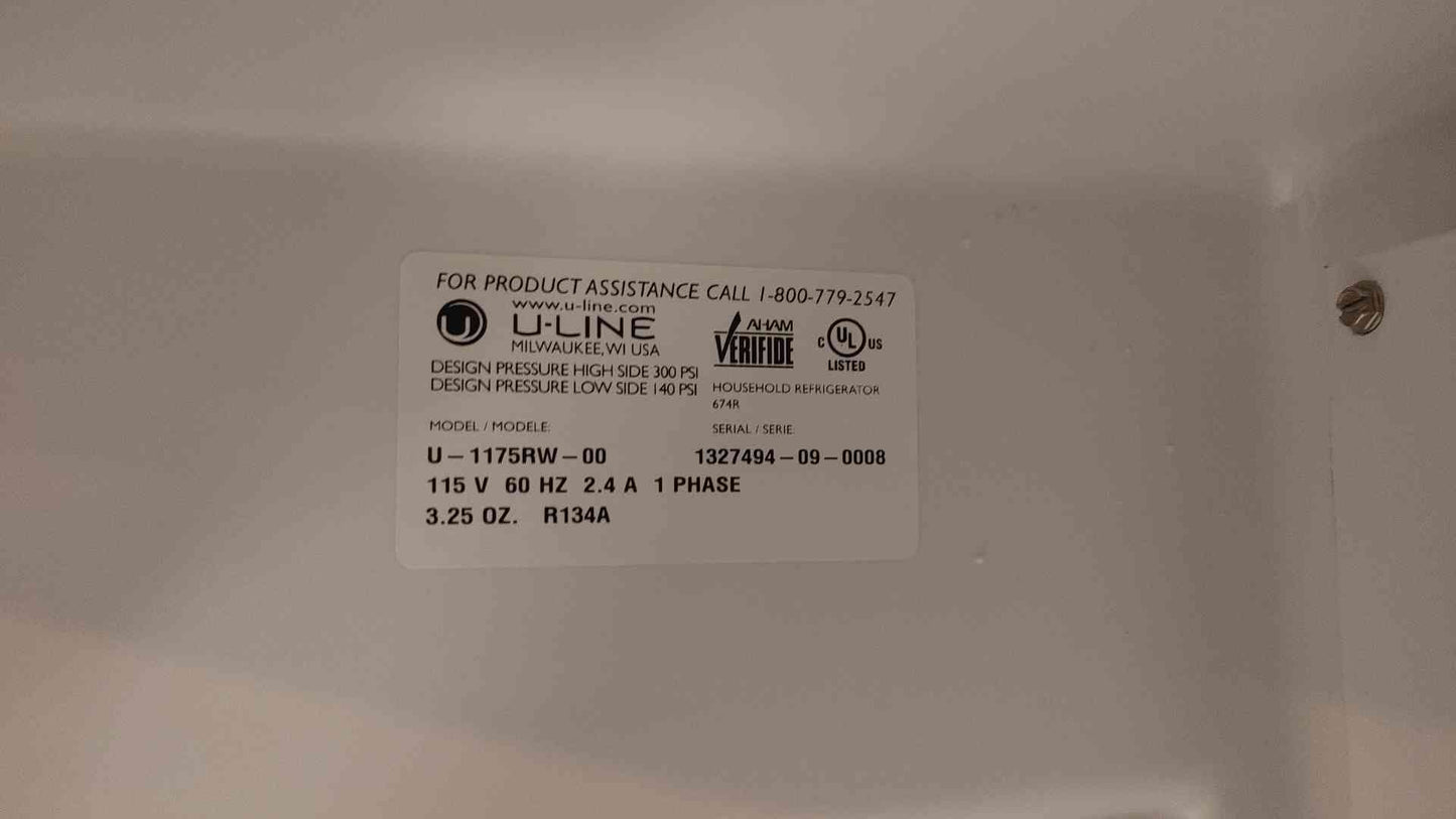 U-Line Compact Reach In Undercount Refrigerator 115VAC 2.4A 1PH U-1175RW-00