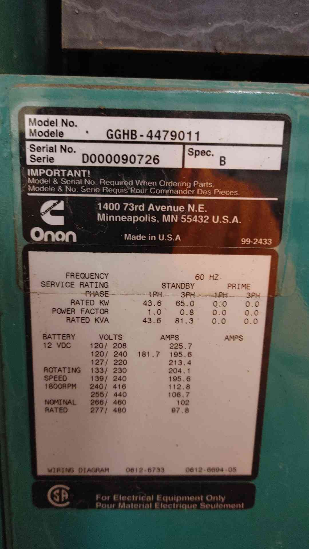 65KW Cummins GGHB-4479011 120/240 195A 3PH NG/LP 399.9 Hrs. Load Tested