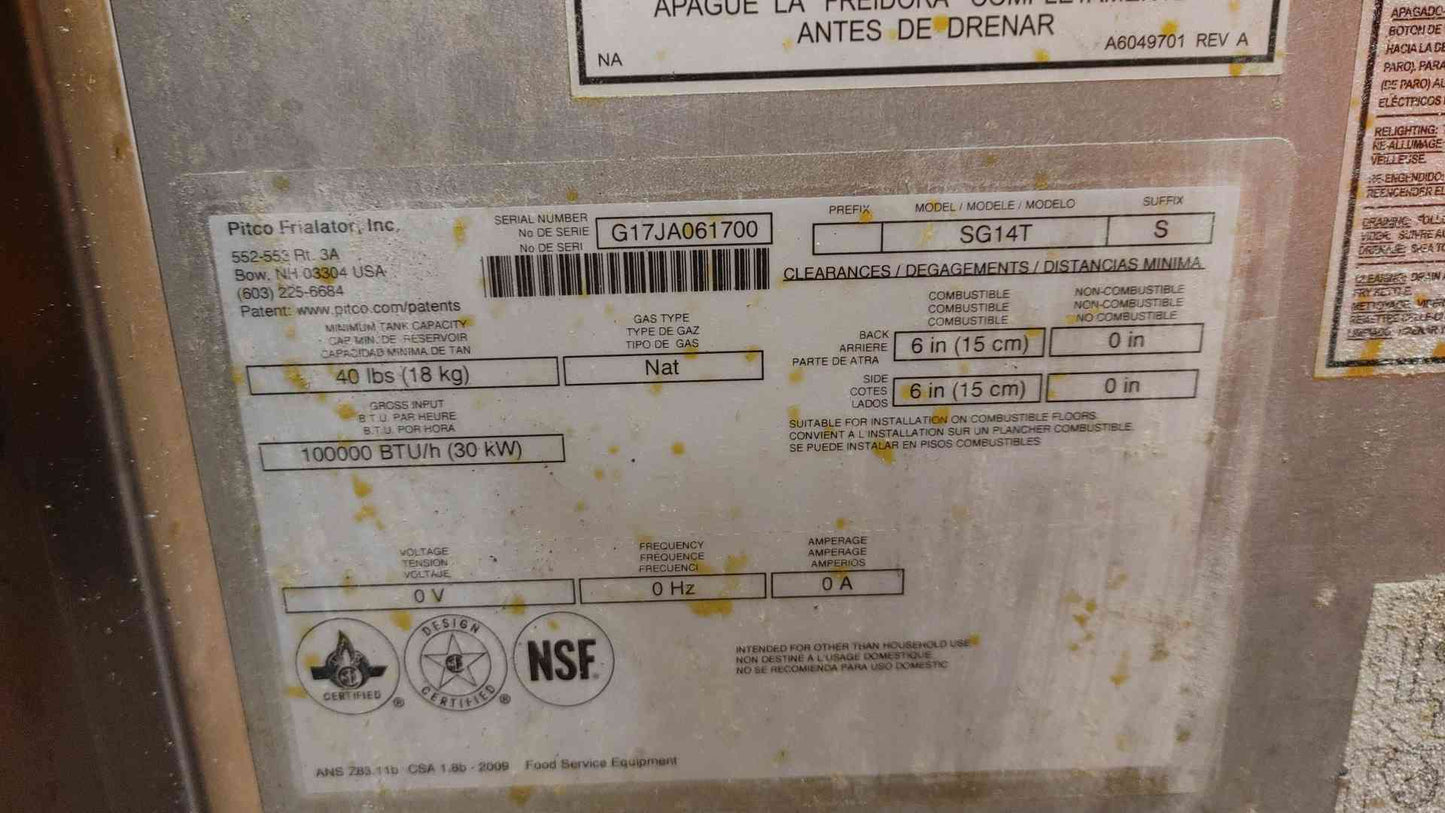 Pitco Frialator Solstice Gas Fryer 40Lb Oil Capacity SG14T