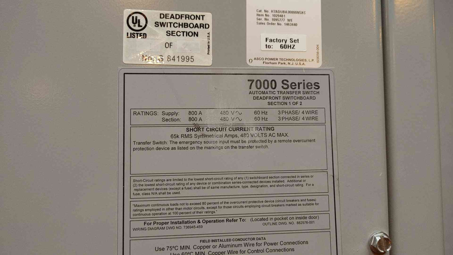 ASCO ATS 7000 Series 800A 480V 3PH 4W H7ADUBA30800N5XC