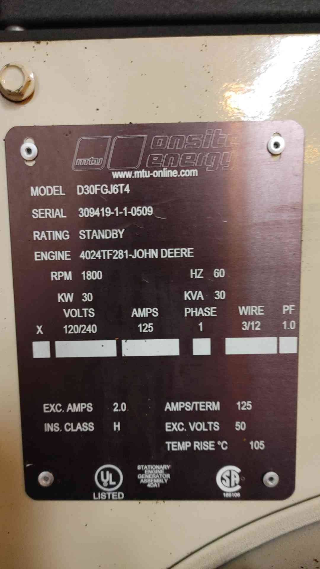 30KW MTU John Deere Diesel 4024 Generator 1PH 321Hrs D30FGJT4 TESTED