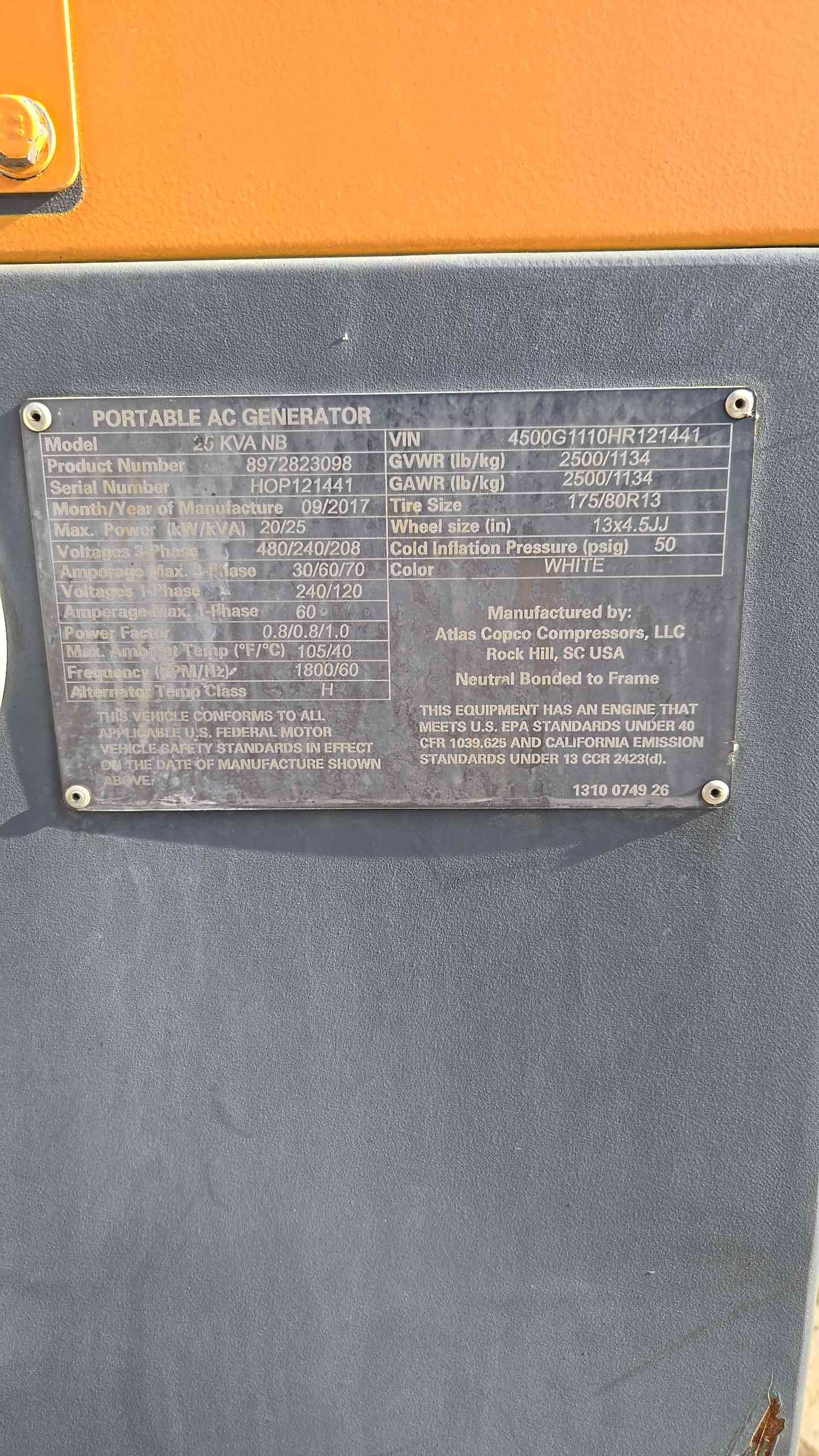 16KW 20KW QAS25 Atlas Copco Diesel Towable Generator 1&3PH 9033Hrs TESTED '17