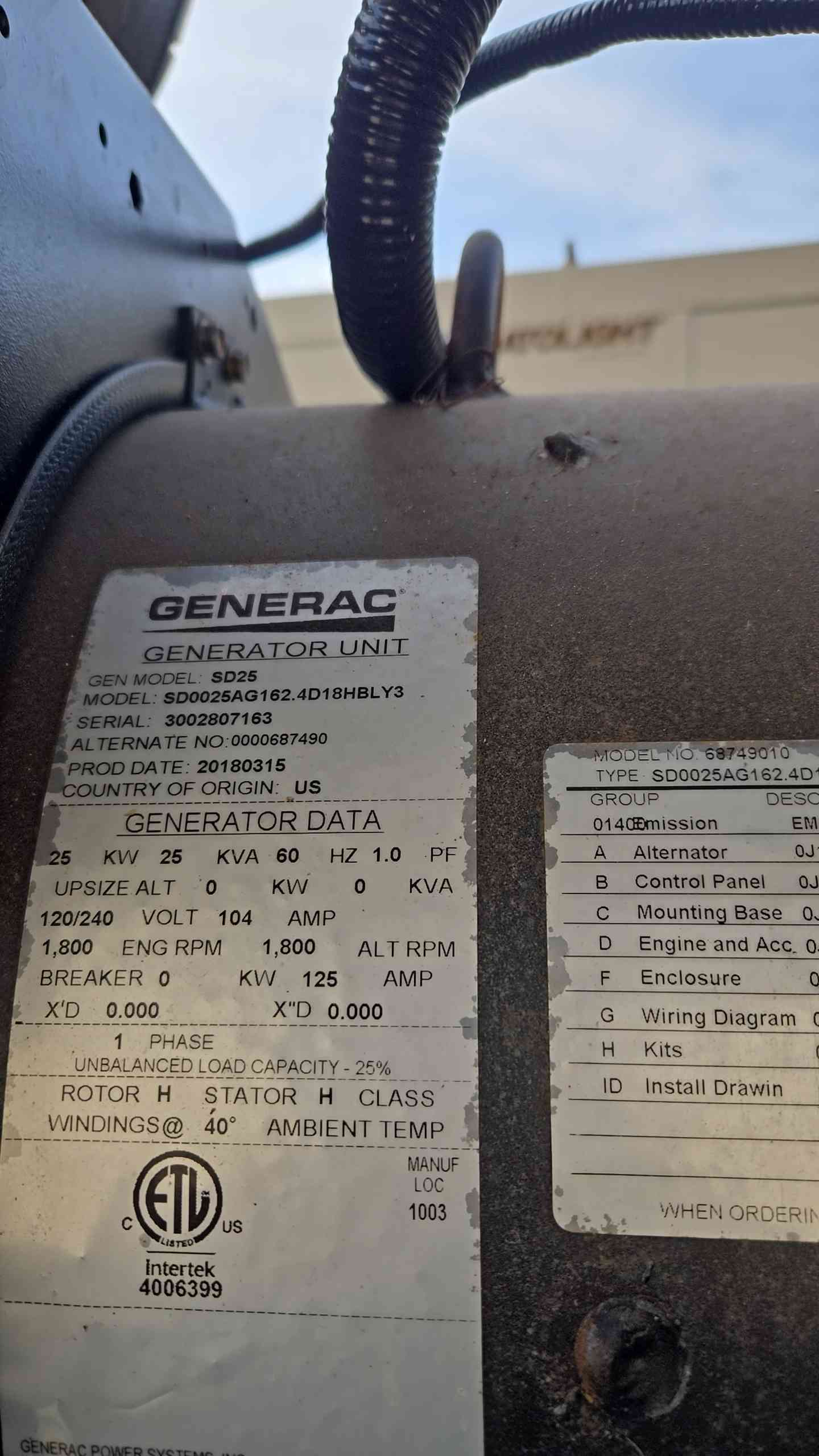 25KW Generac Cummins A2400 1PH Diesel Generator 146Hrs TESTED '18