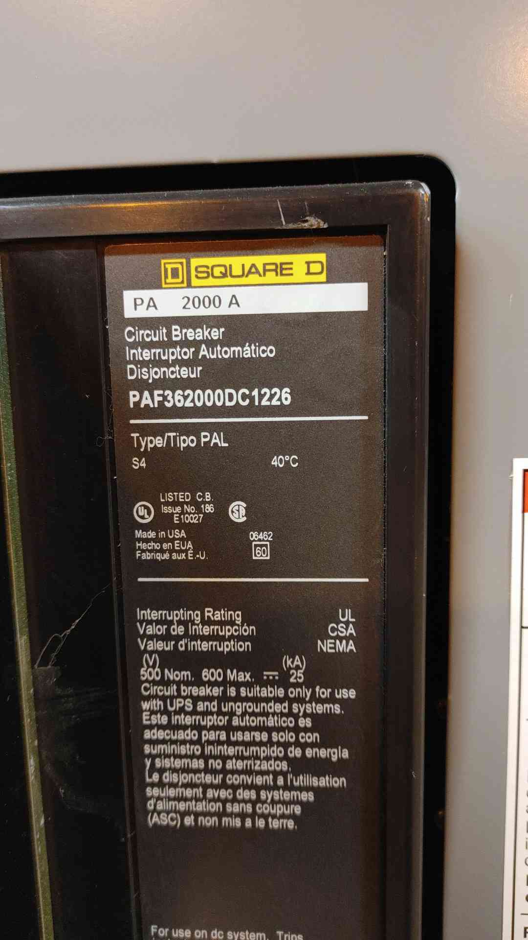 Square D QED Power Style Switchboard 2000A Disconnect PAF362000DC1226