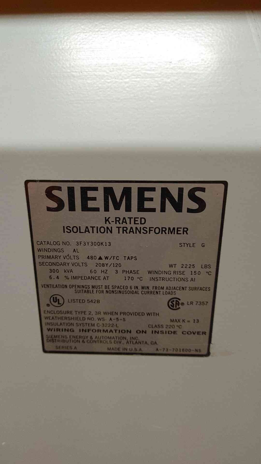 Siemens Dry Transformer 300KVA 480v x 208Y/120VAC 3PH 3F3Y300K13