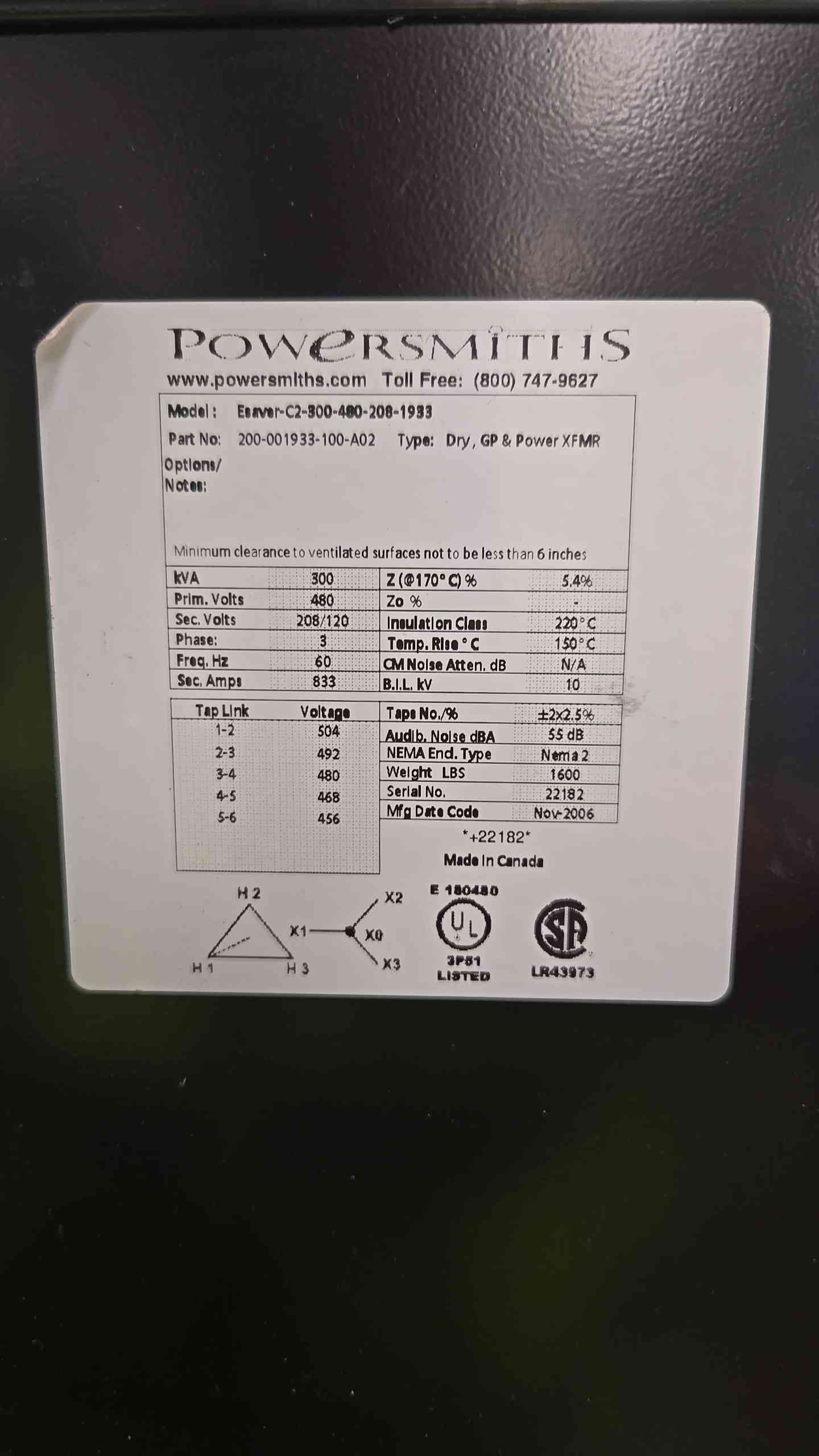 Powersmith 300KVA Dry Type Transformer 480v x 208/120v (107638)