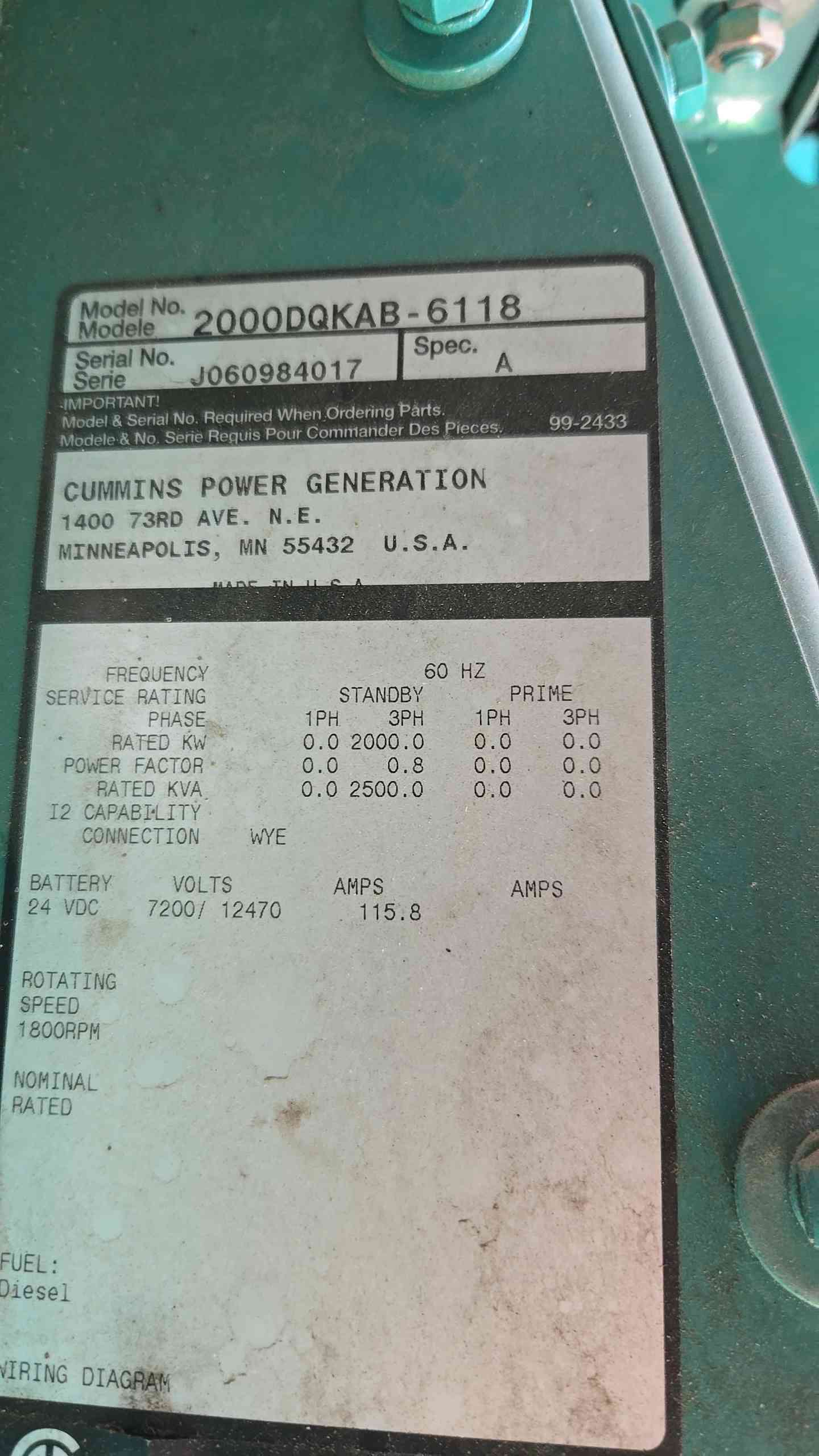 2MW 2000KW 2 Megawatt Cummins Diesel Generator 2000DQKAB 7200/12470v
