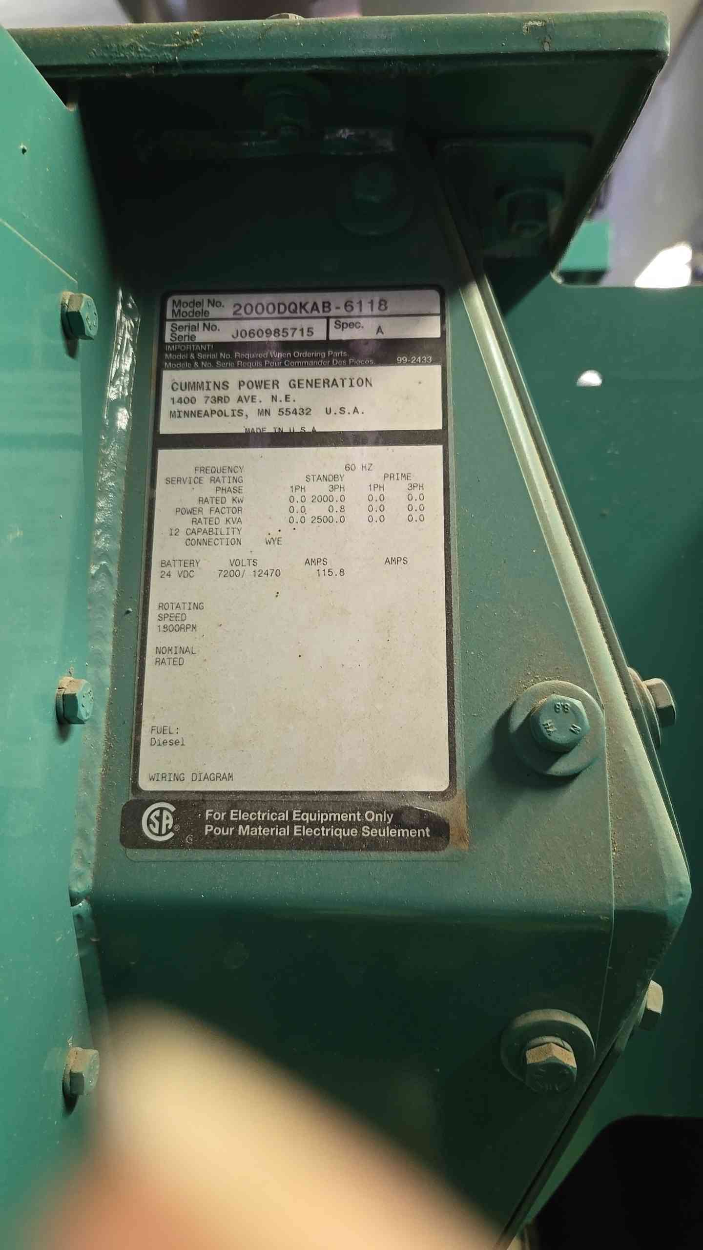 2MW 2000KW 2 Megawatt Cummins Diesel Generator 2000DQKAB 7200/12470v