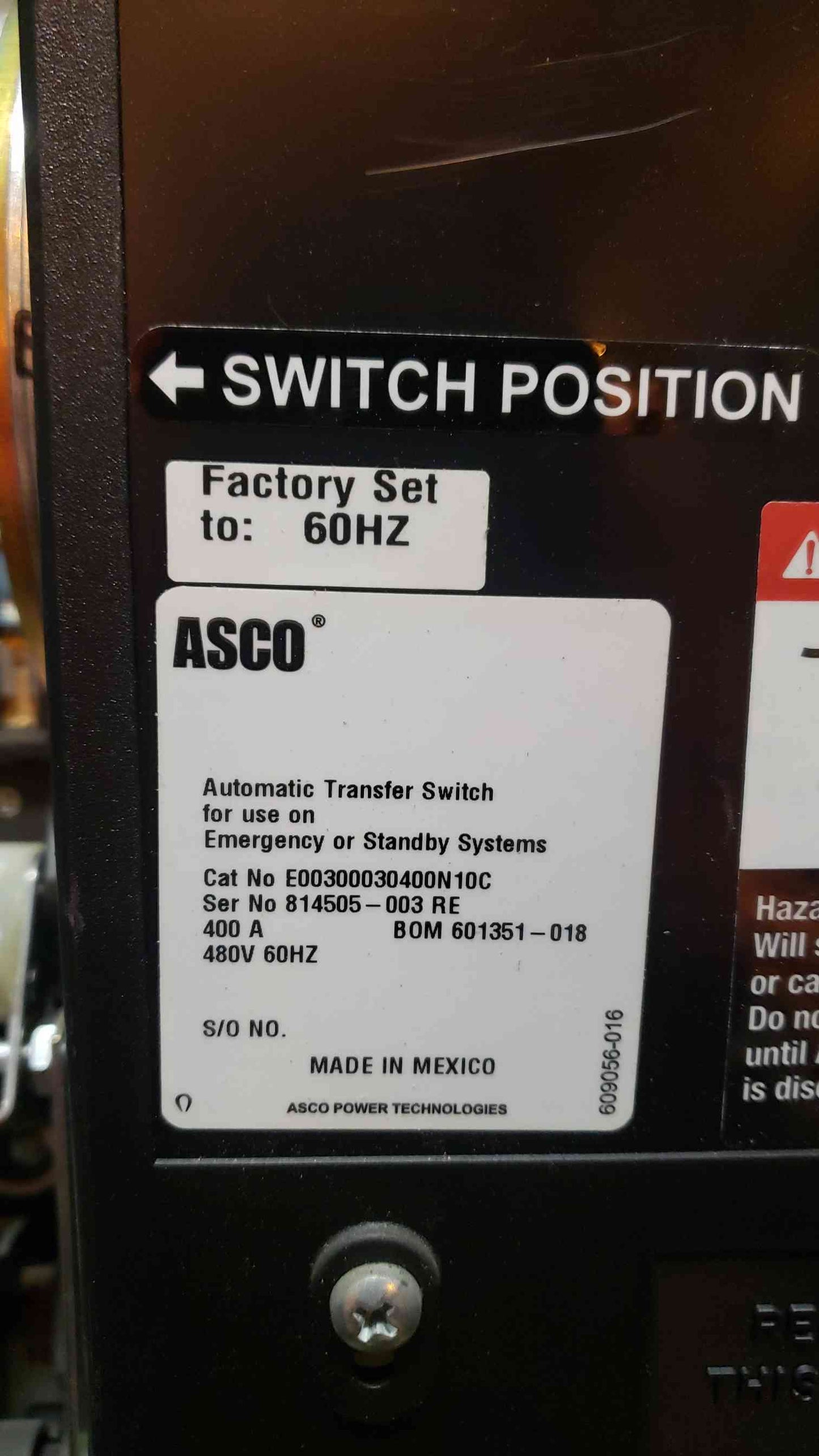 Emerson ASCO ATS 400A 480V E00300030400N10C (SKU: 107852)
