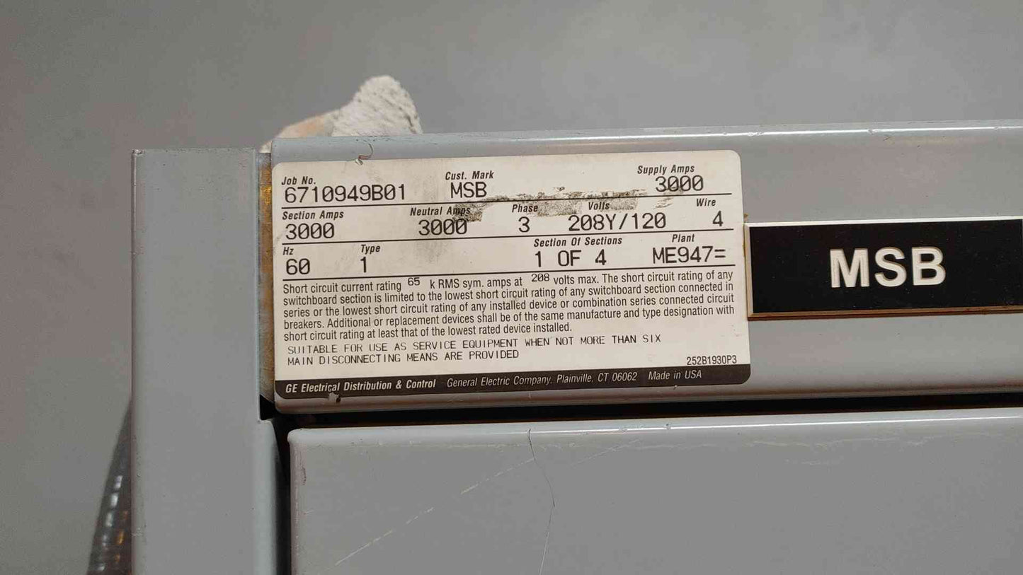 GE Spectra Switchboard 3000A 208Y/120V 3PH 4W 4 Section TP3030 Switchgear