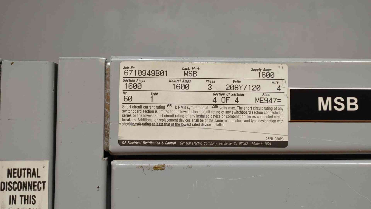 GE Spectra Switchboard 3000A 208Y/120V 3PH 4W 4 Section TP3030 Switchgear