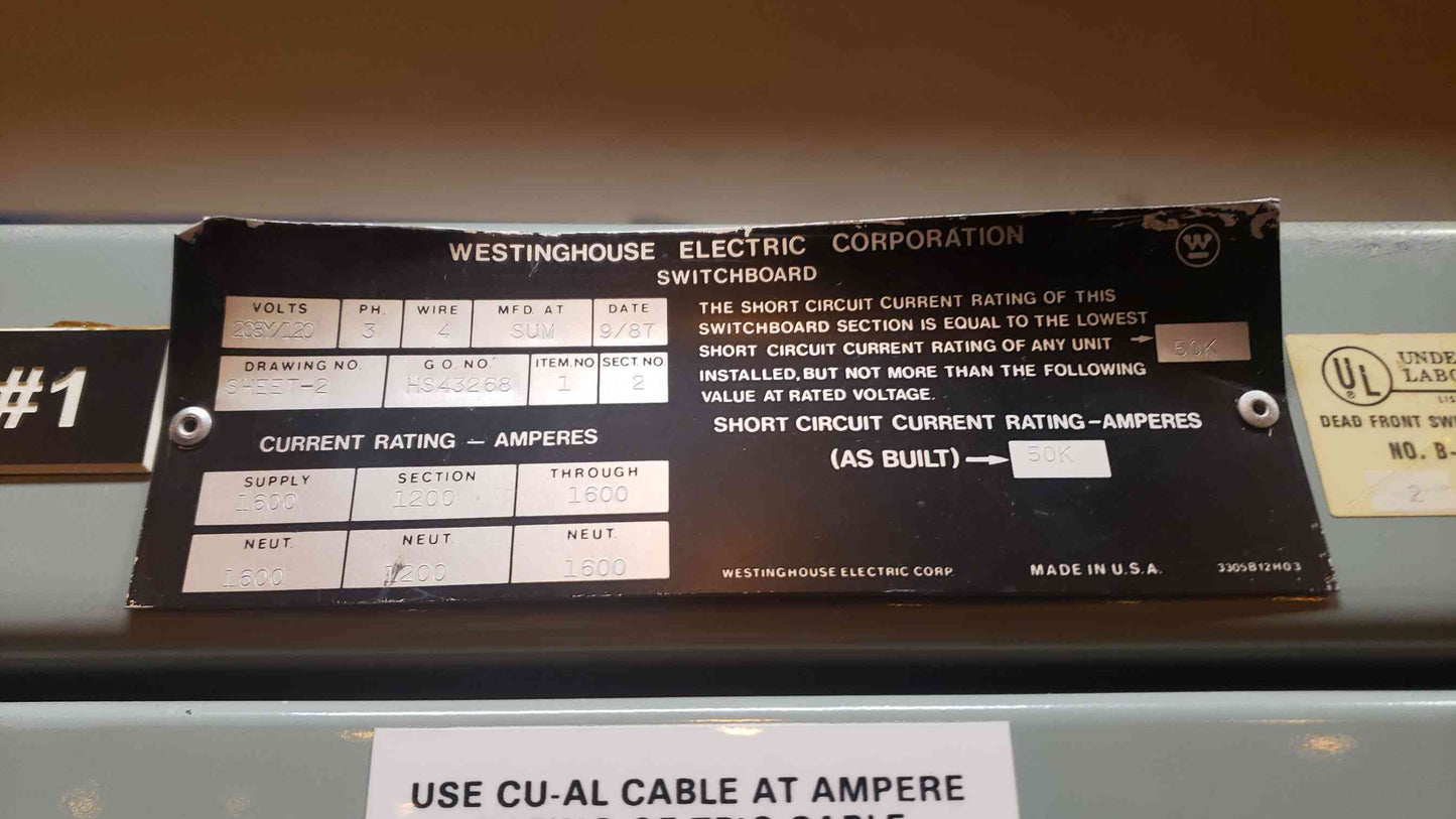 Westinghouse 1600A FDP 208Y/120 3PH 4W Switchboard 2 Section 15 Breaker (SKU: 107899)