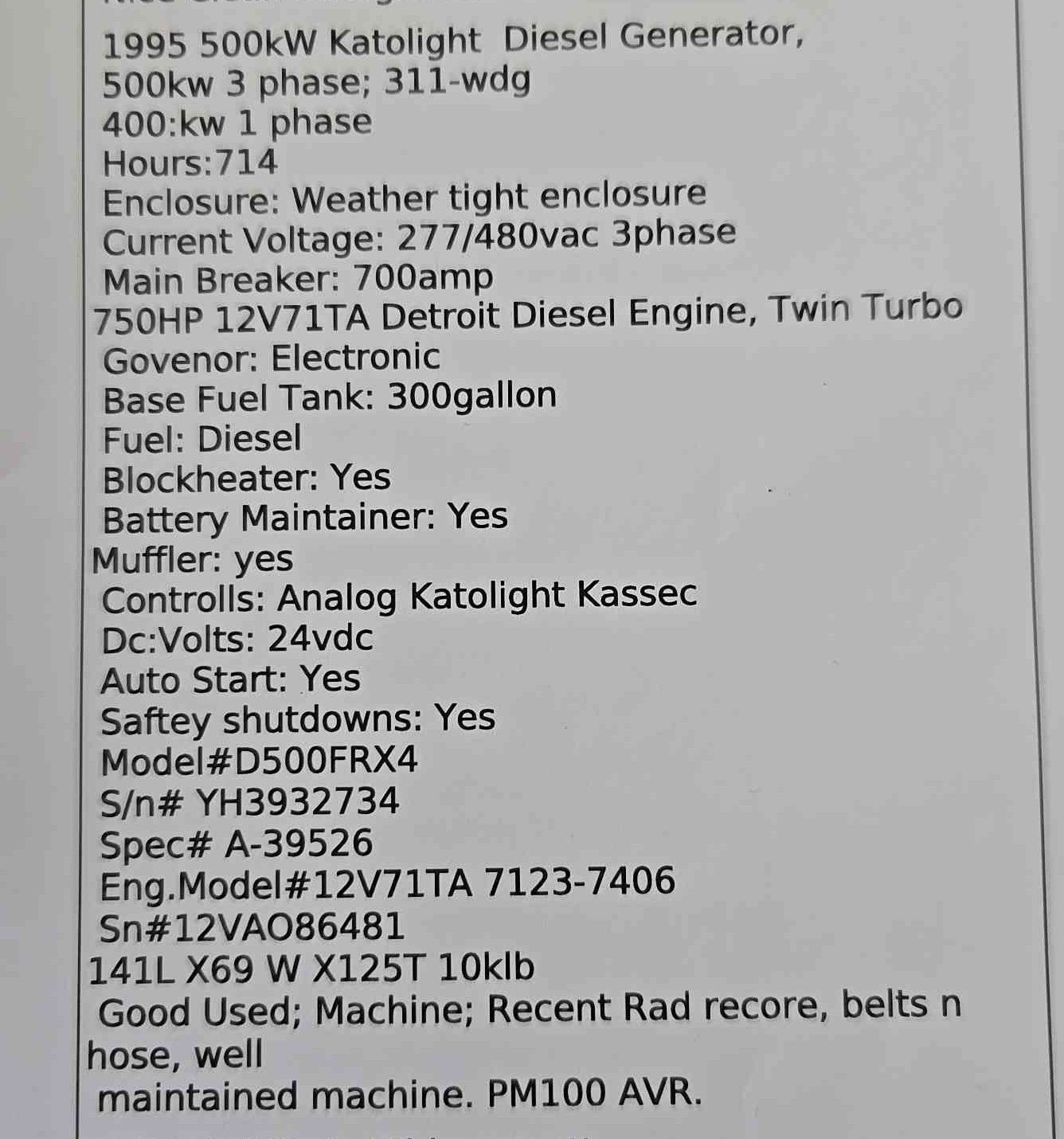 500KW Katolight Detroit Diesel Generator 714Hrs TESTED '95