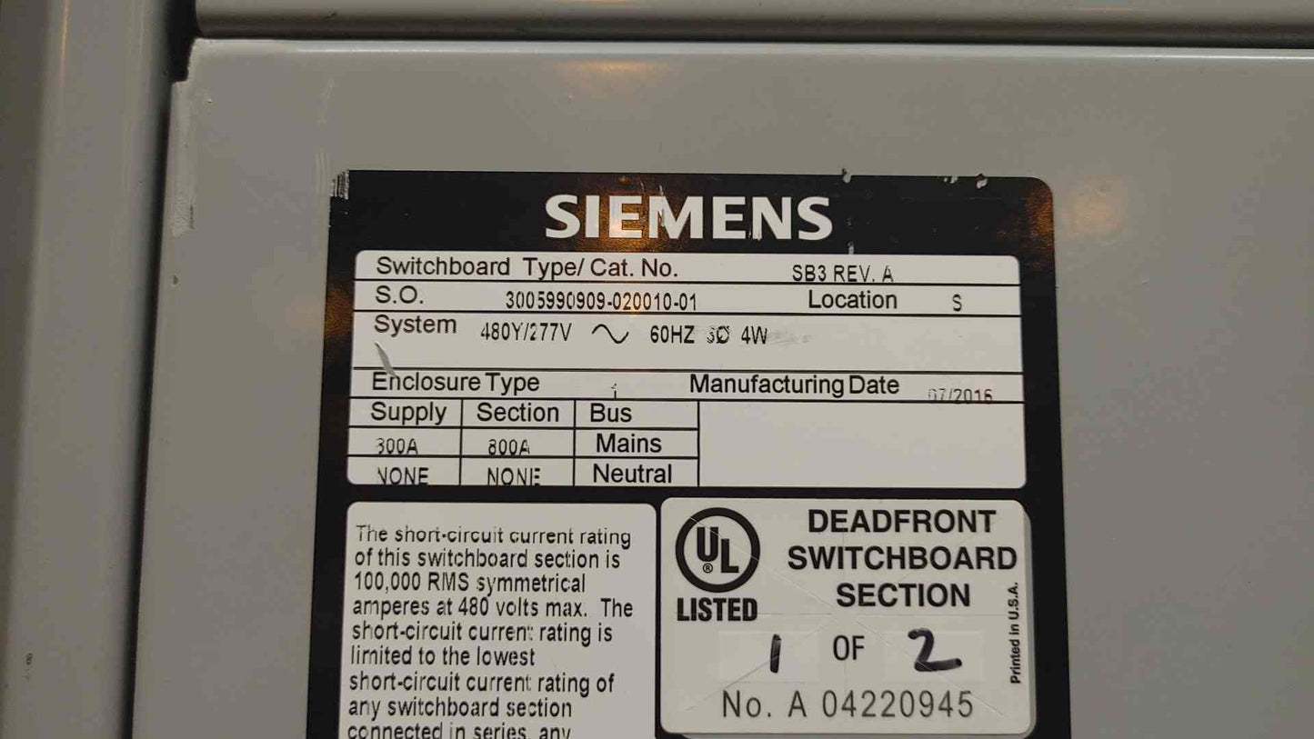 800A Siemens 2 Section Switchboard 480Y/277V 4W 2x 800A Main & 10x 350A Distribution