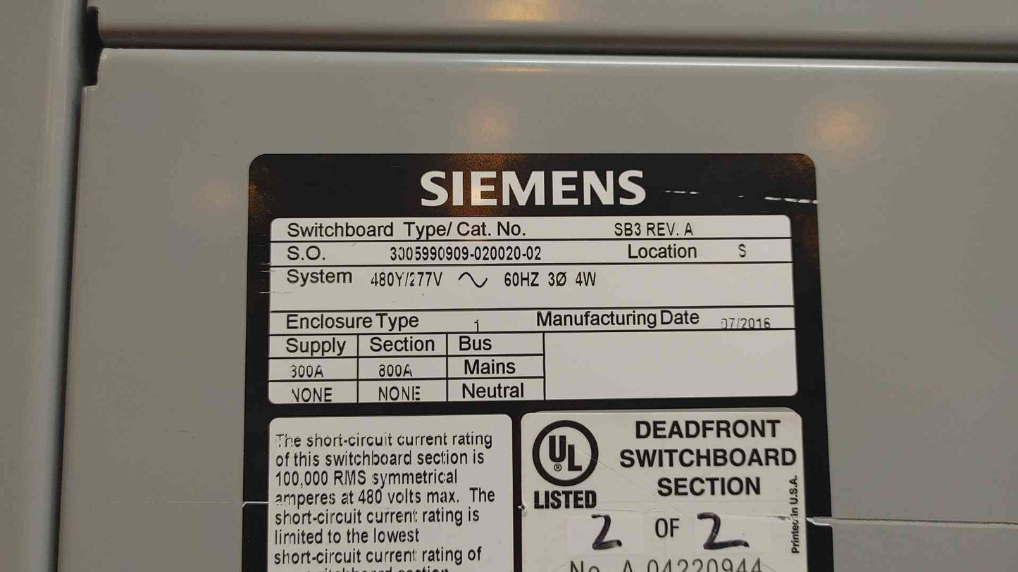 800A Siemens 2 Section Switchboard 480Y/277V 4W 2x 800A Main & 10x 350A Distribution