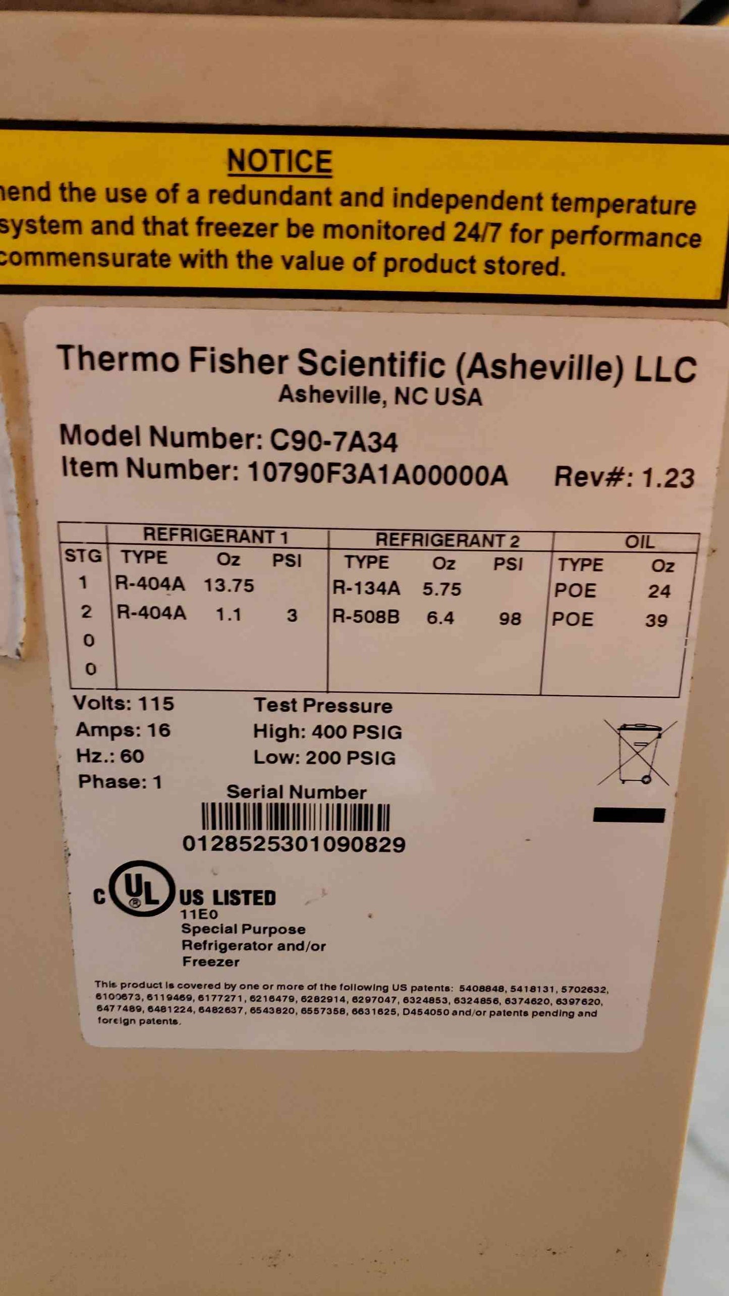 Thermo Scientific 115V 16A 1PH Special Purpose Ultra Low Lab Freezer C90-7A34 (SKU: 108071)