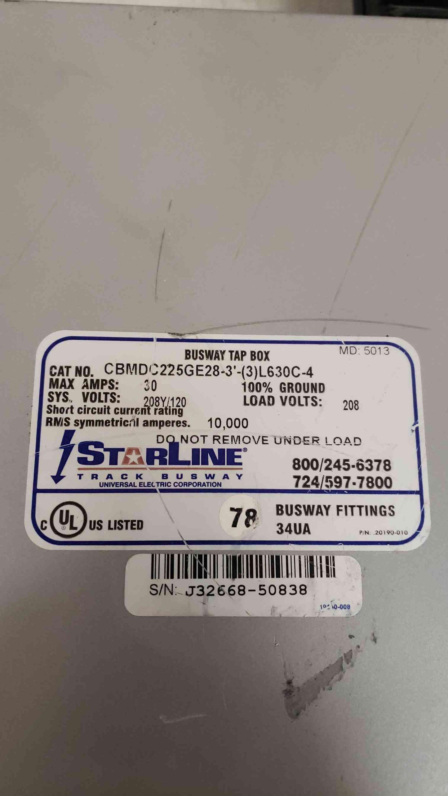 *Pickup Only* StarLine 30V 208Y/120 Busway Tap Box CBMDC225GE28-3'-(3)L630C-4 (SKU: 108164)