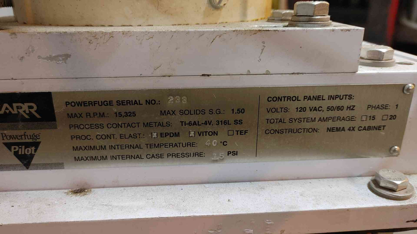 Powerfuge Pilot Centrifuge Separation System 120VAC 1PH Jacketed Stainless Steel