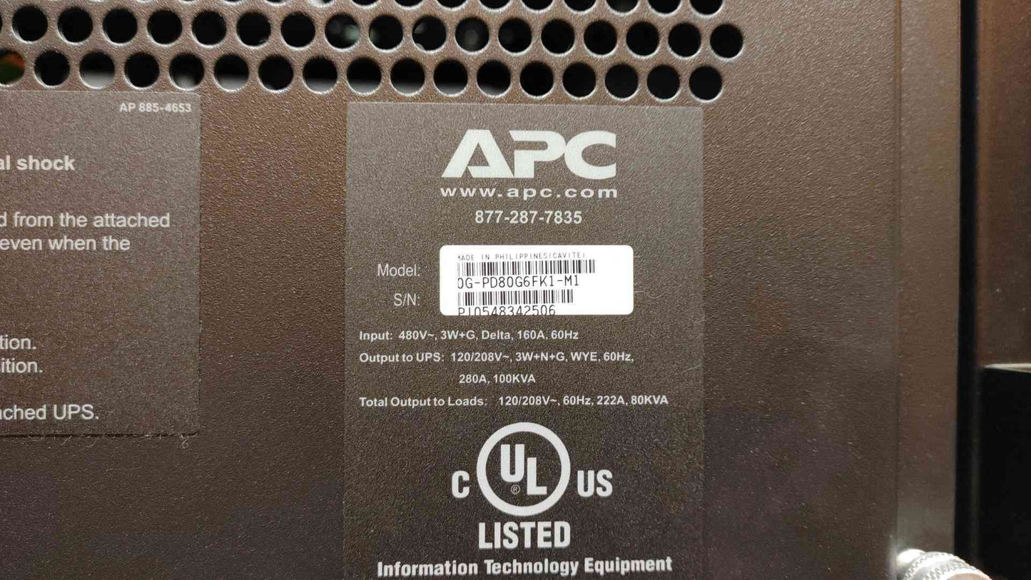 APC PDU MBP 80KVA 480VDC x 120/208v 280A 0G-PD80G6FK1-M1