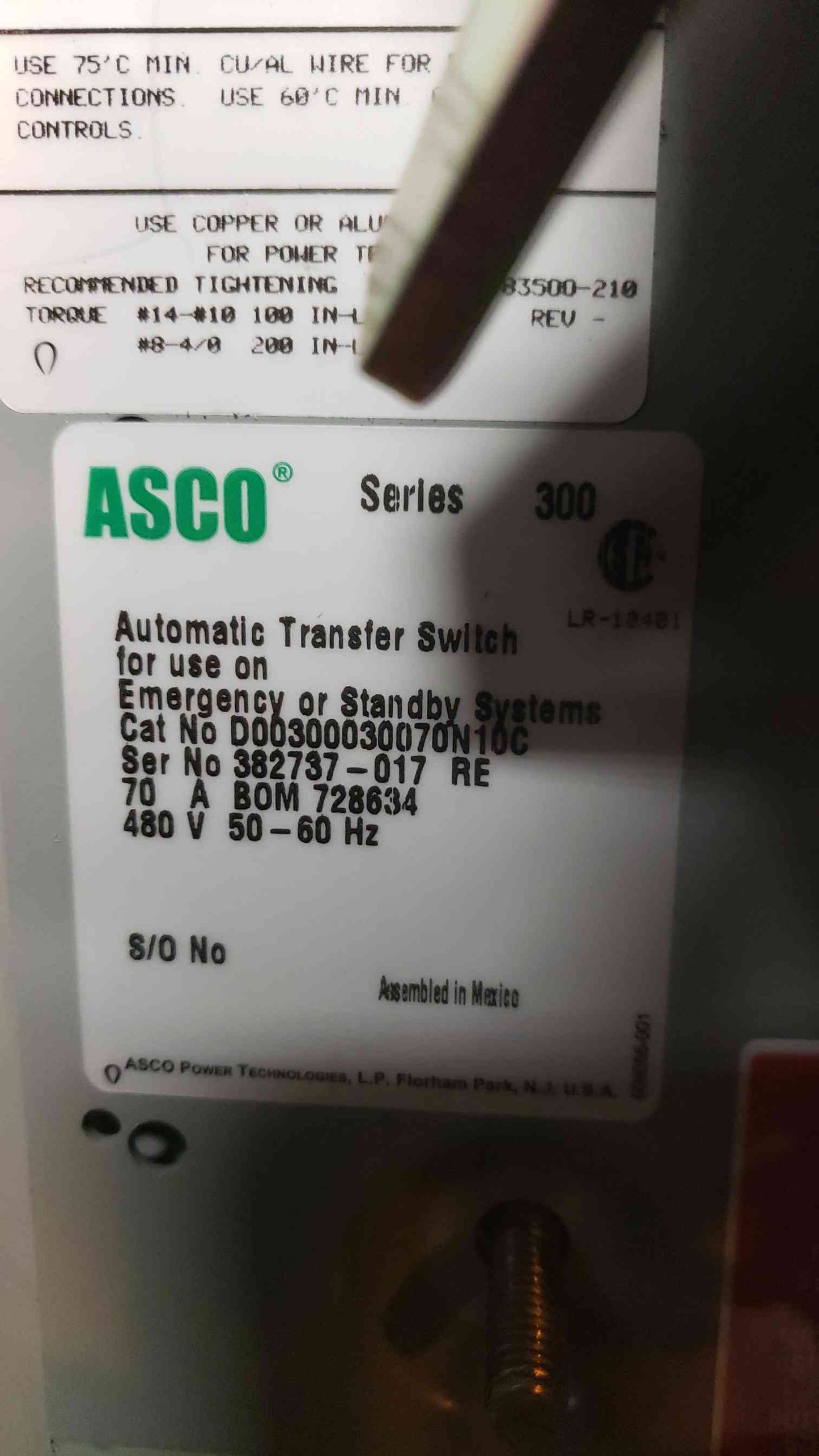 ASCO Series 300 70A 480V 3PH Automatic Transfer Switch ATS D00300030070N10C (SKU: 108228)