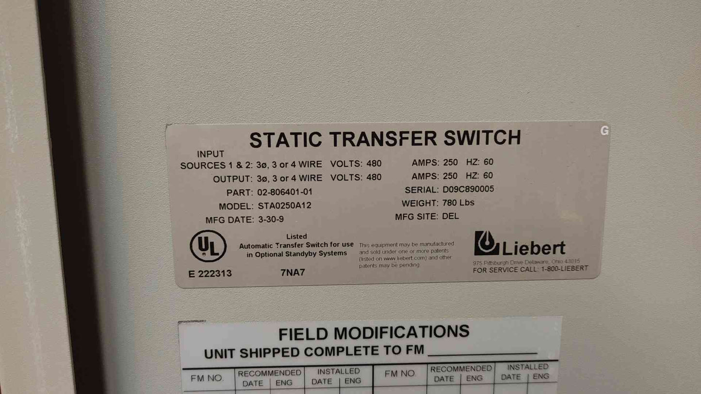 Liebert Static Transfer Switch 250A 3PH 4W 480V STA0250A12 (108239)