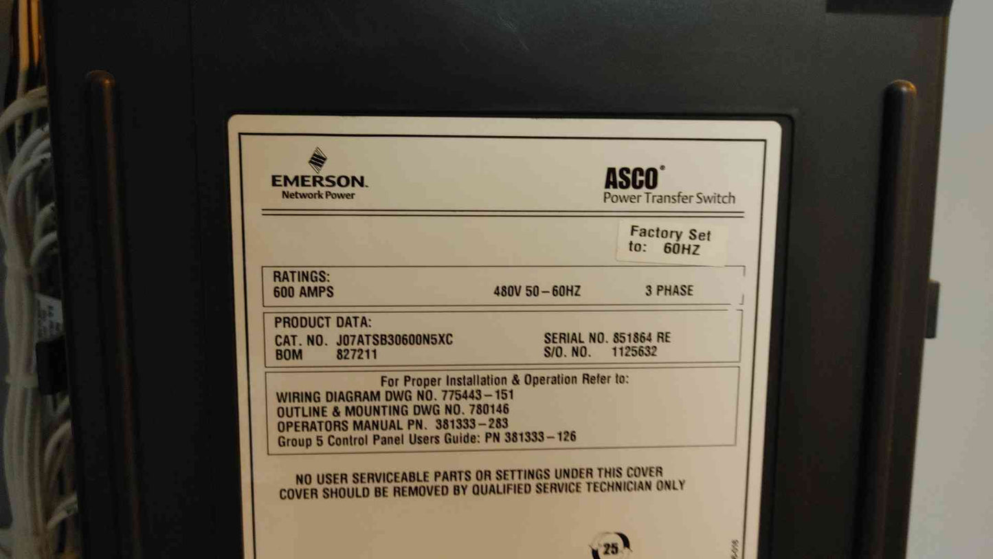 ASCO 7000 Series ATS Transfer Switch 600A 480V 3PH J07ATSB30600N5XC