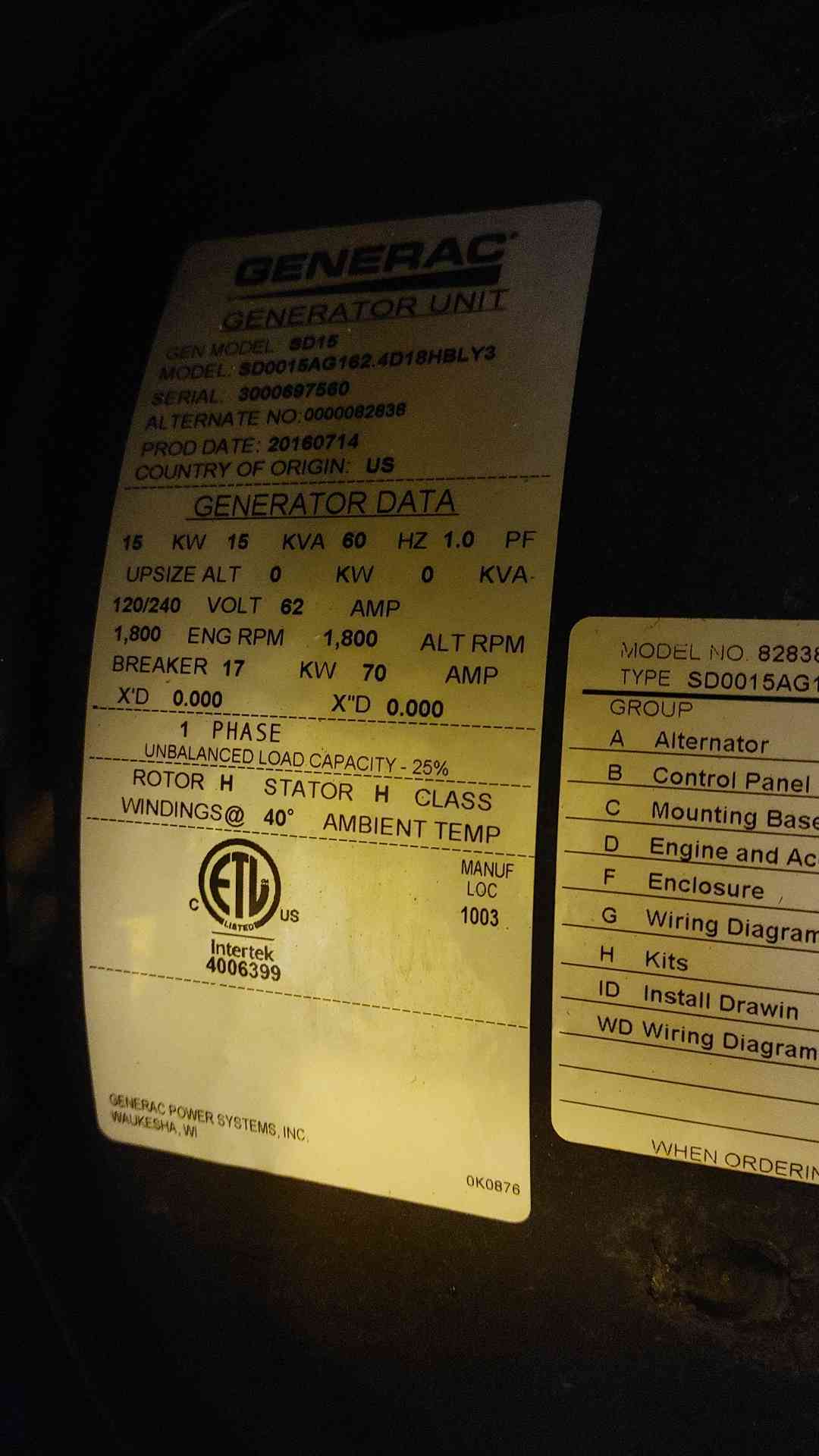 15KW Generac Generator 120/240V 1PH 168Hrs Diesel SD15 LOAD TESTED (108311)