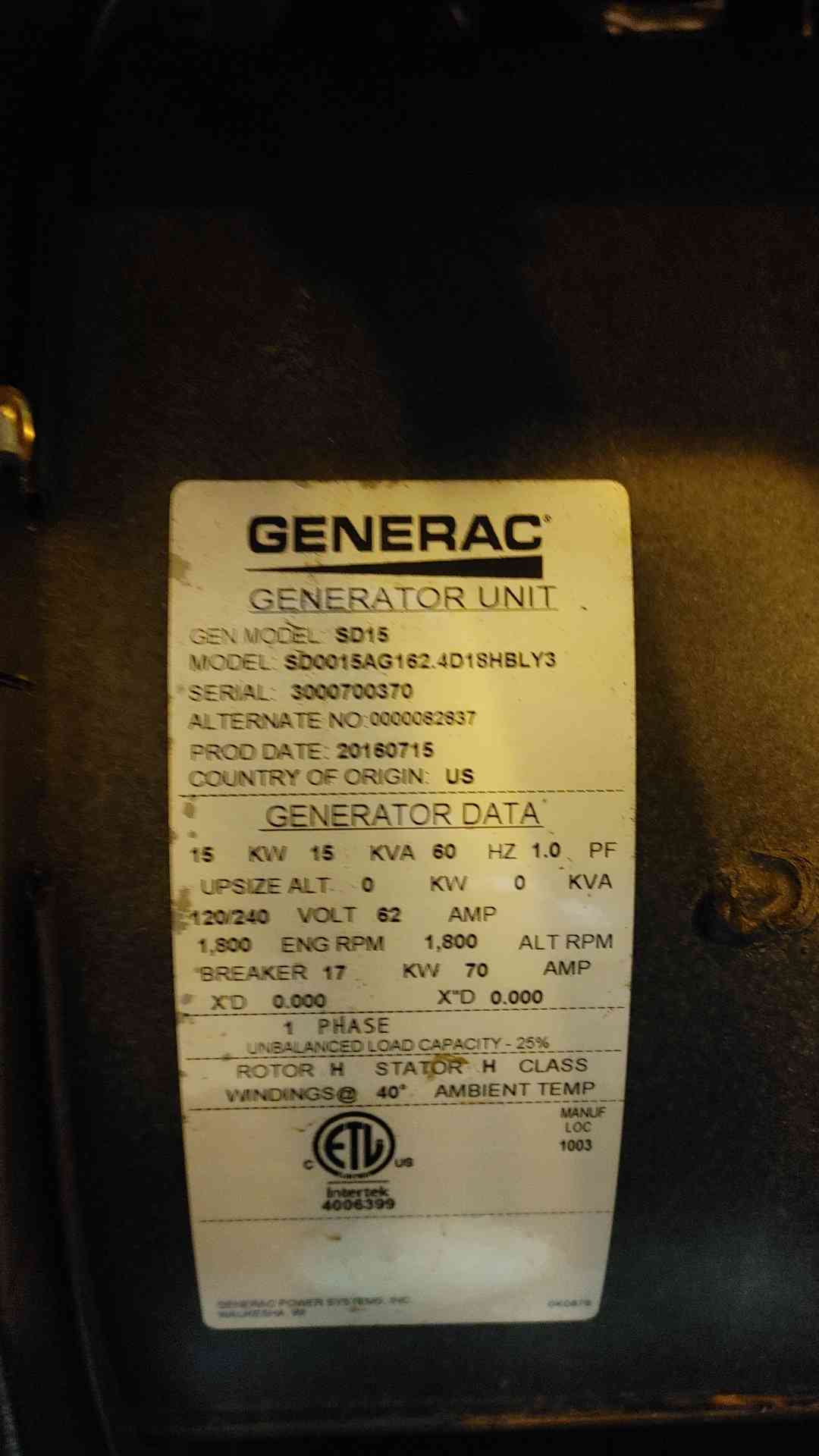 15KW Generac Generator 120/240V 1PH 177Hrs Diesel SD15 LOAD TESTED (108314)