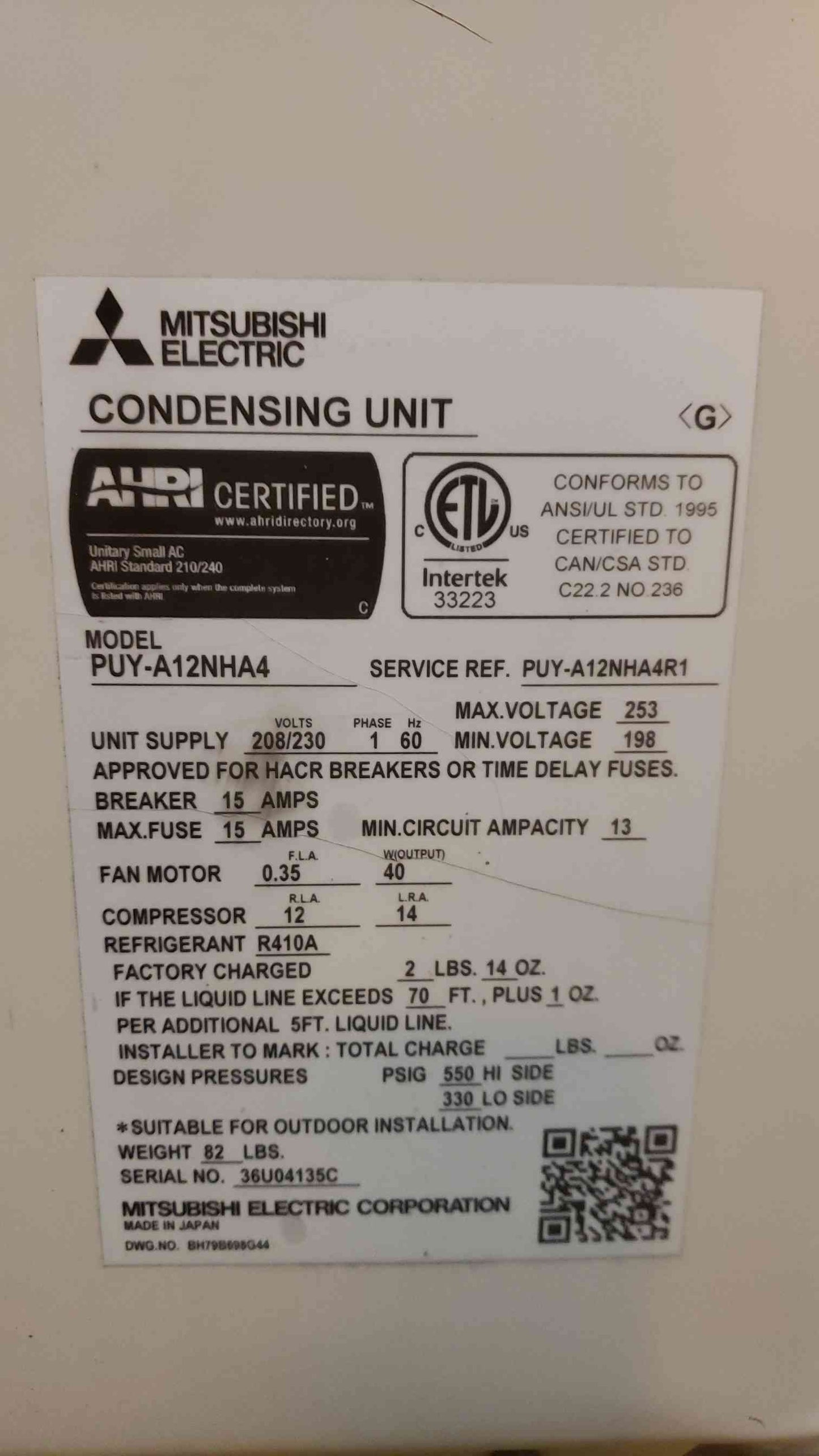 Mitsubishi Electric 208/230 1PH Condensing Unit PUY-A12NHA4 (SKU: 108370)
