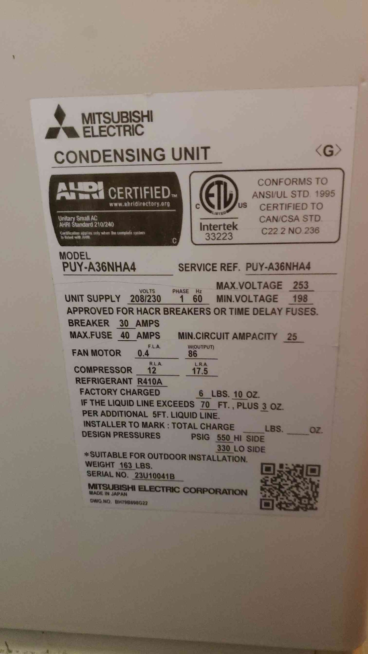 Mitsubishi Electric 208/230 1PH Condensing Unit PUY-A36NHA4 (SKU: 108371)