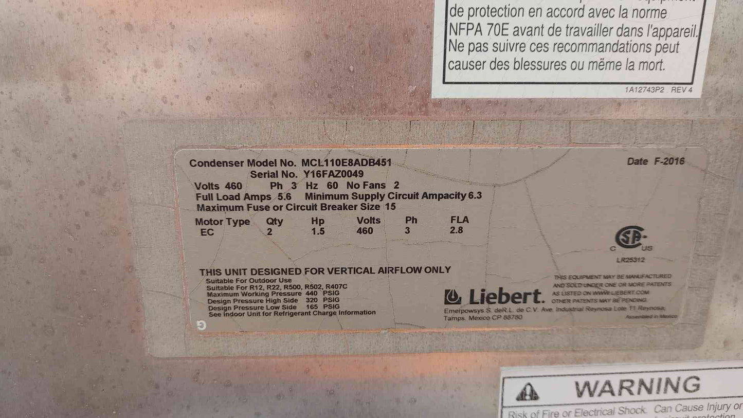 Liebert 2 Fan Condenser 460V 3PH 1.5HP MCL110E8ADB451 (108420)