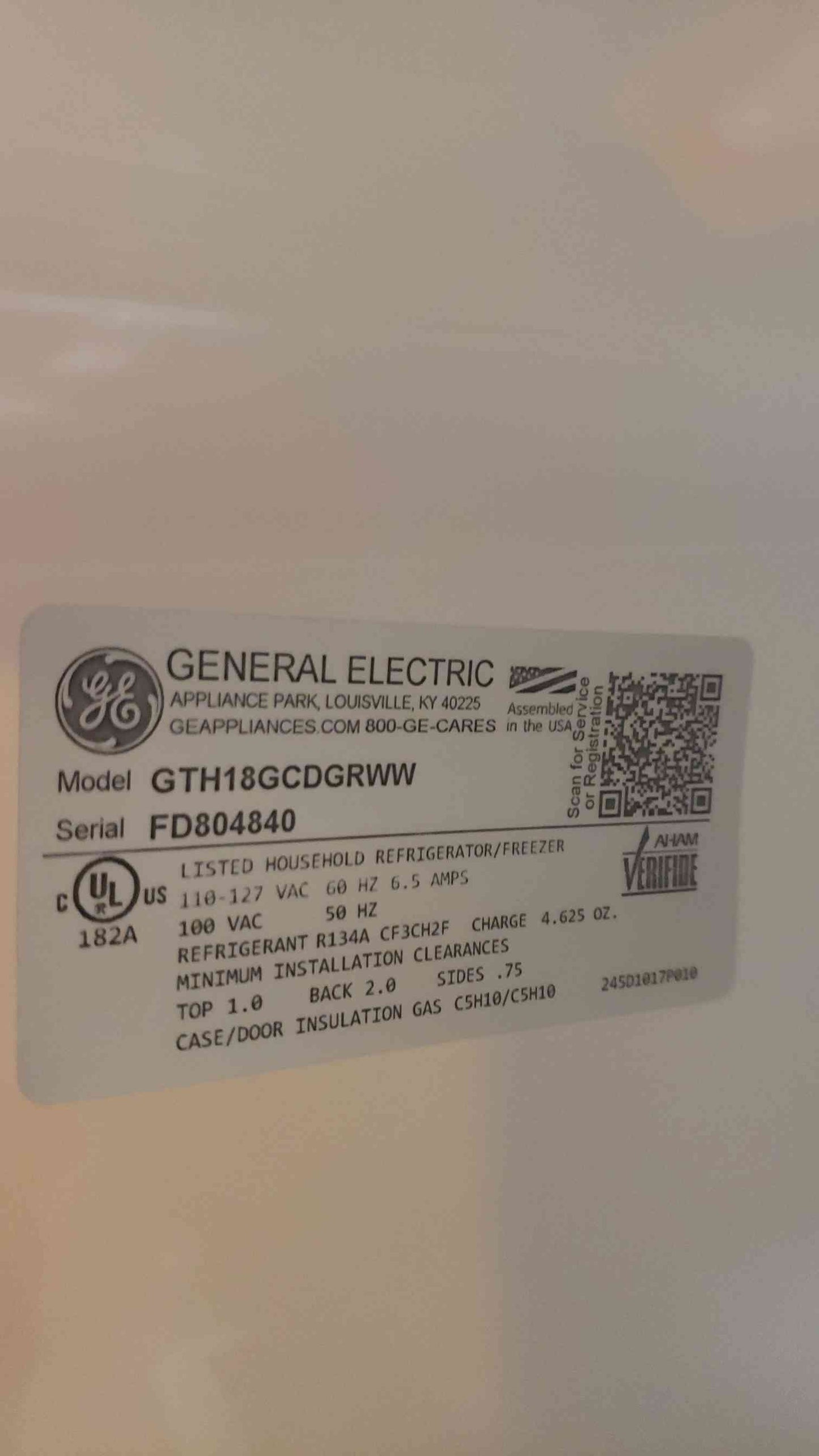 GE Household Refrigerator/Freezer 100VAC 6.5A R134A GTH18GCDGRWW (108379)