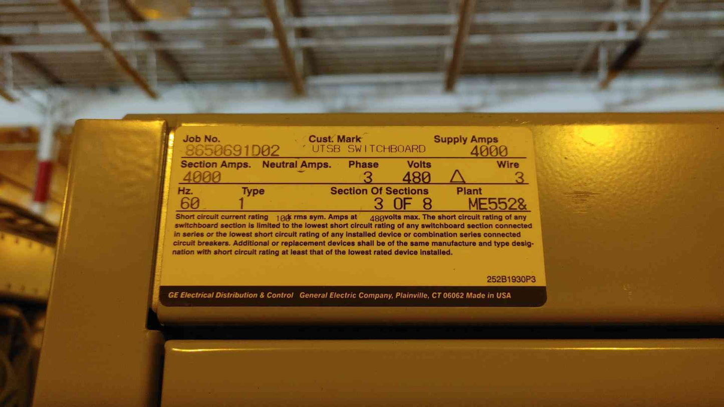 GE 8 Section Powerware Switchgear 3200A 4000A 3PH 480V 9 Mains, Tie, & Distribution (108470)