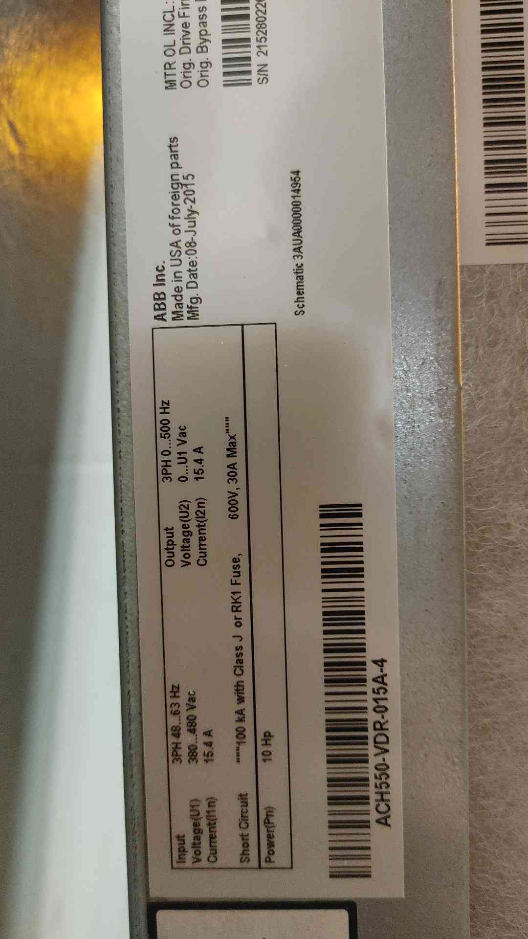 10HP HVAC Drive ABB 3PH 480VAC ACH550-VDR-015A-4 (108460)