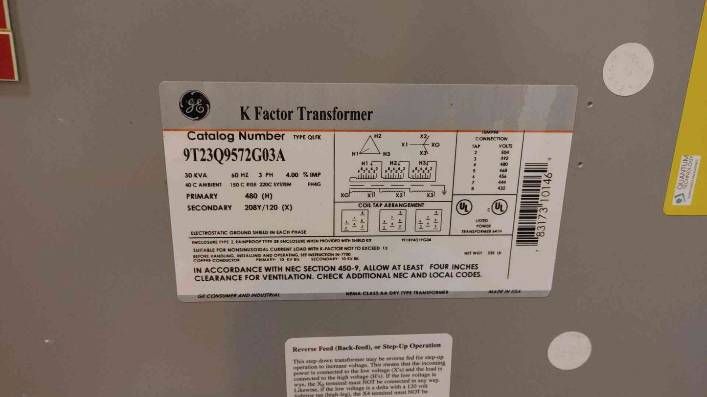 GE K Factor Transformer 75KVA 3PH 480V x 208Y/120V 9T23Q9574G03A (108277)