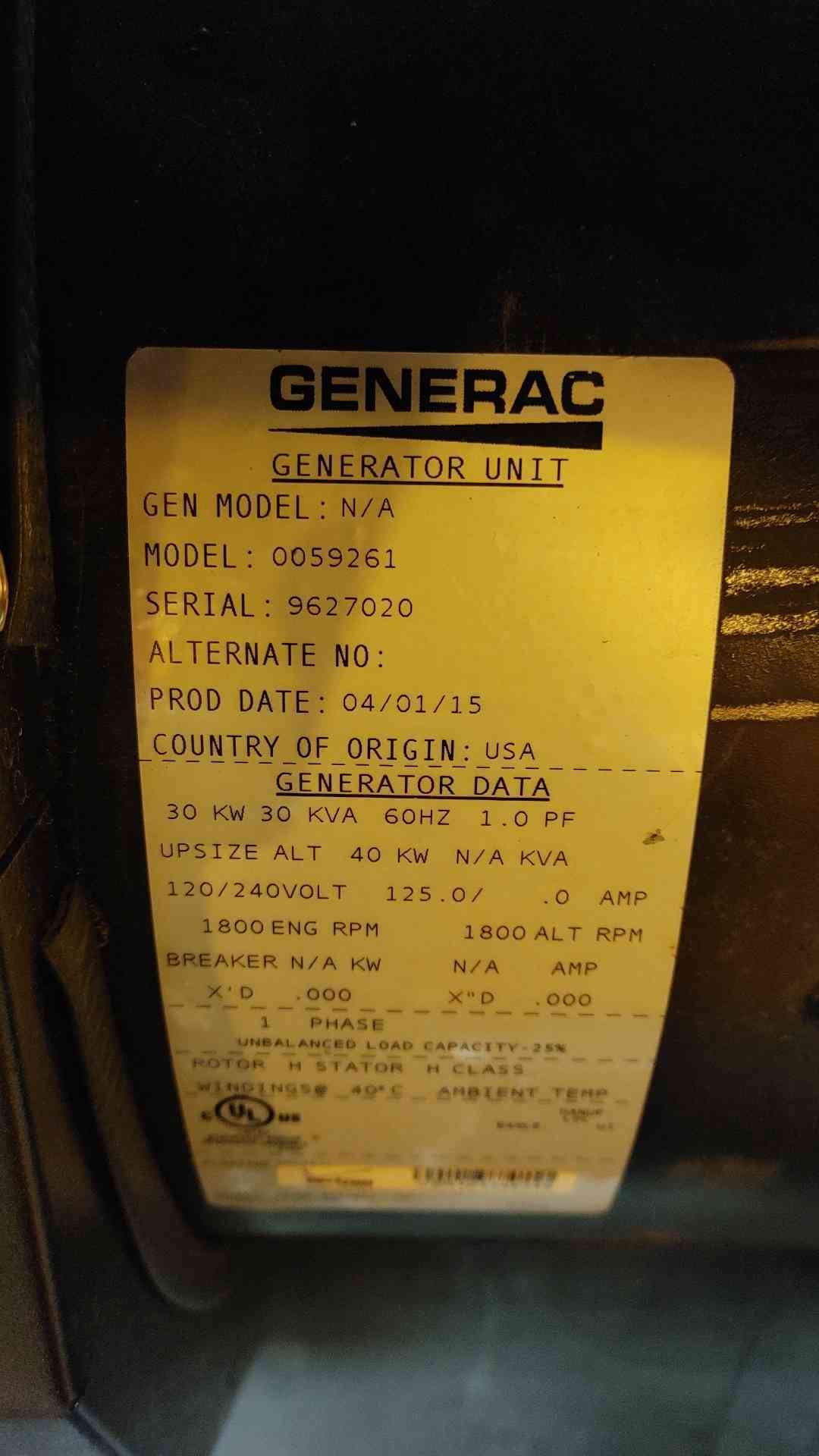 30KW Generac Diesel Generator 1PH 2Hrs 2015 LOAD TESTED (SKU: 108591)