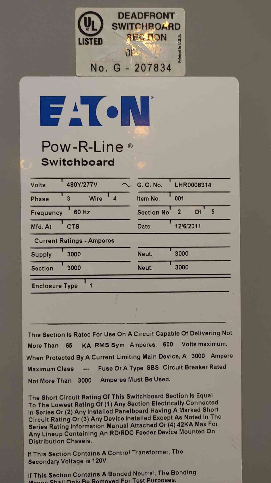 Eaton Pow-R-Line Switchboard 2 Section 3000A 480Y/277V 3PH 4W Main Breaker & Lug Cabinet Magnum DS (108597)
