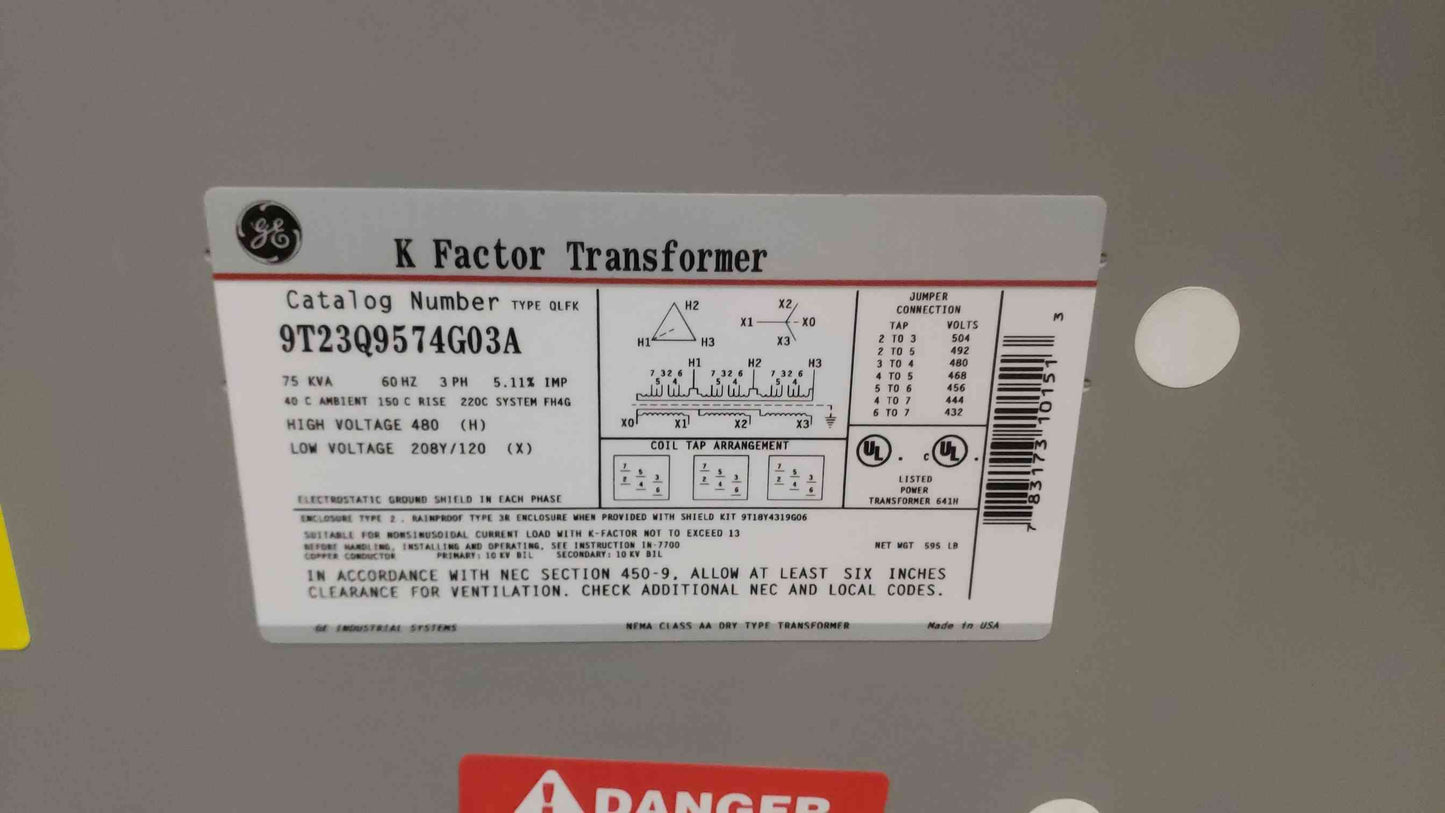 GE K Factor Transformer 75KVA 3PH 480V x 208Y/120V 9T23Q9574G03A (108277)