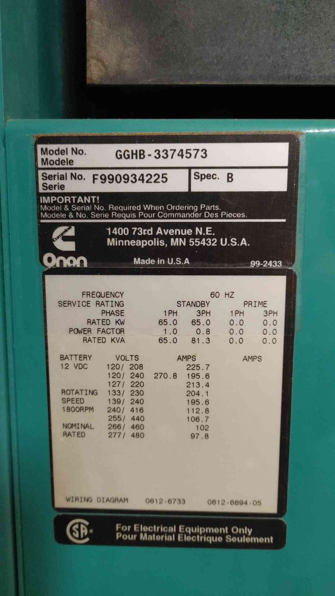 65KW Onan Ford Generator 1PH/3PH 1068Hrs Nat Gas LP '99 LOAD TESTED (108783)