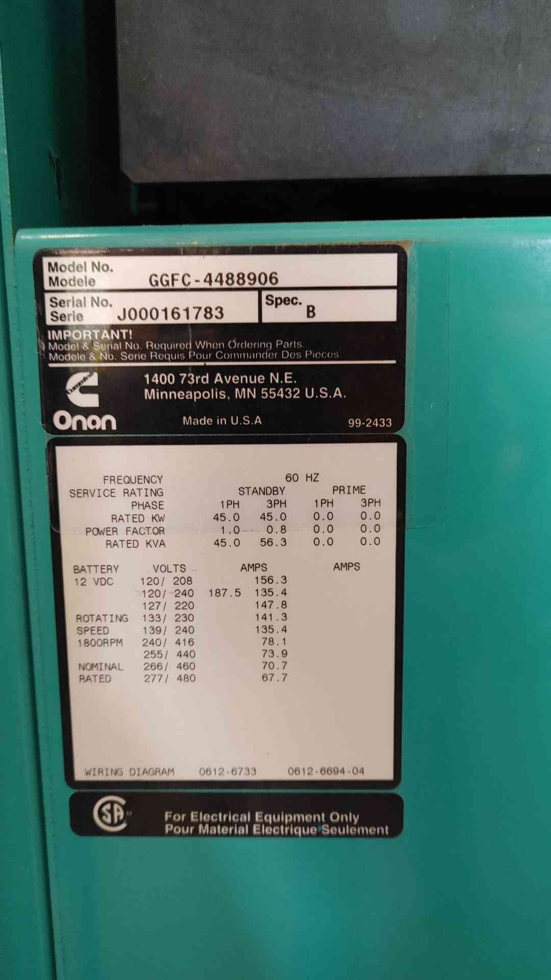 45KW Cummins Onan Generator 1&3PH 4536Hrs Nat Gas LP GGFC '00 LOAD TESTED (108785)
