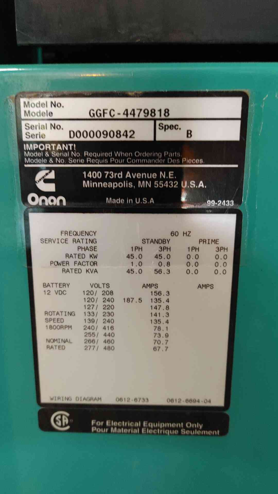 45KW Cummins Onan Generator 1&3PH Nat Gas LP 582Hrs GGFC '00 LOAD TESTED (108786)