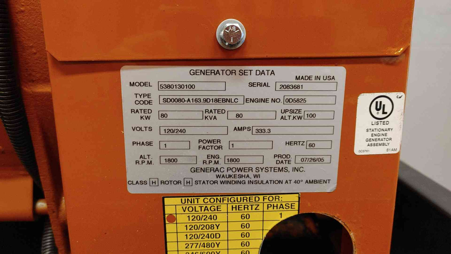 80KW Generator Generac Mitsubishi Diesel 630Hrs 1PH '05 LOAD TESTED (108787)