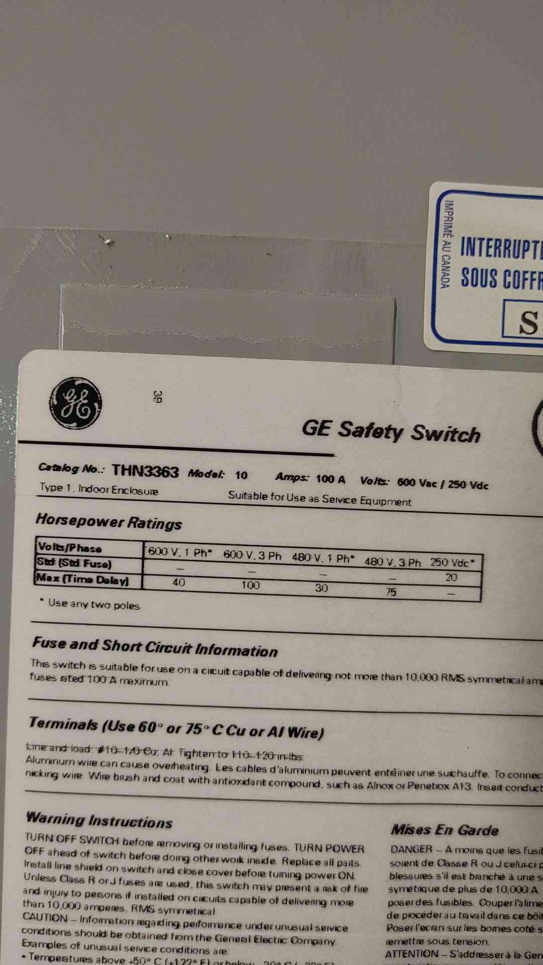General Electric Safety Switch 100A 600 VAC THN3363 (108879)