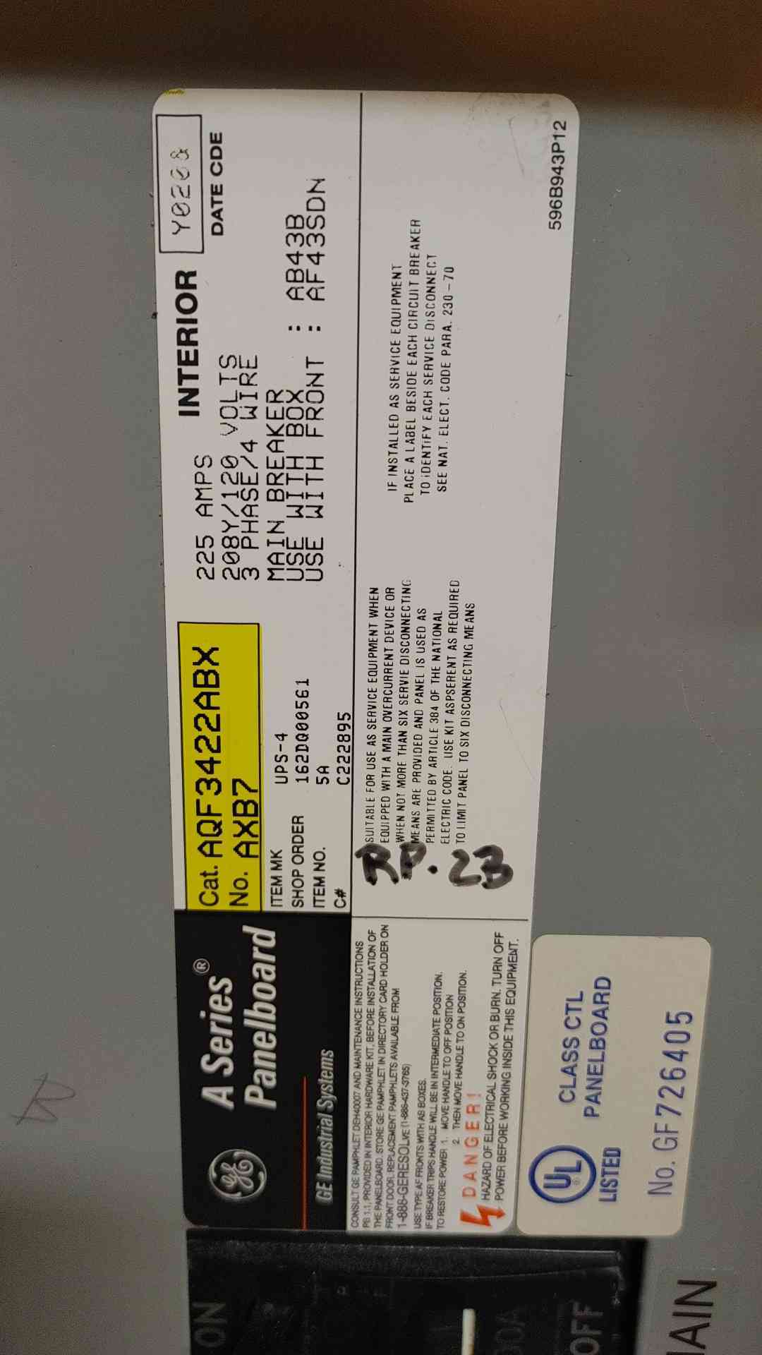 General Electric A Series Panelboard AQF3422ABX 225 AMP 208Y/120 V 3 PHASE 4 WIRE (108834)