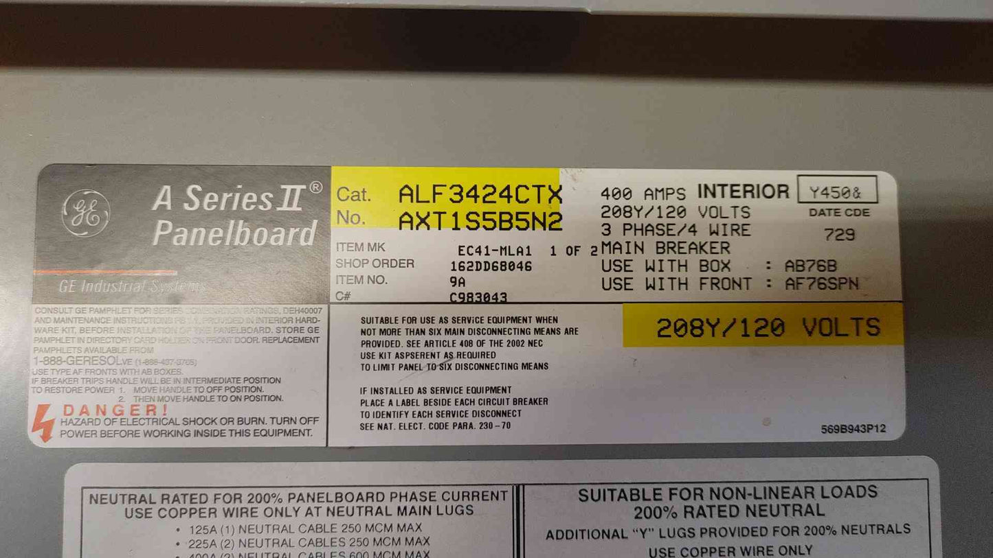GE A Series 2 Panelboard ALF3424CTX 400 AMP 208/120v w/ Main (108920)