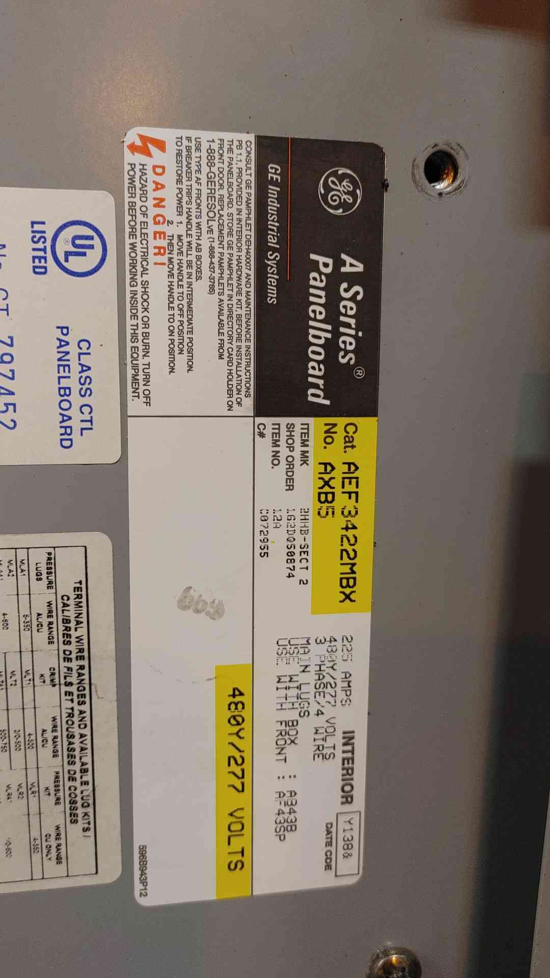 GE A Series Panelboard AEF3422MBX 225 AMP 480/277v 3 PHASE 4 WIRE (108887)