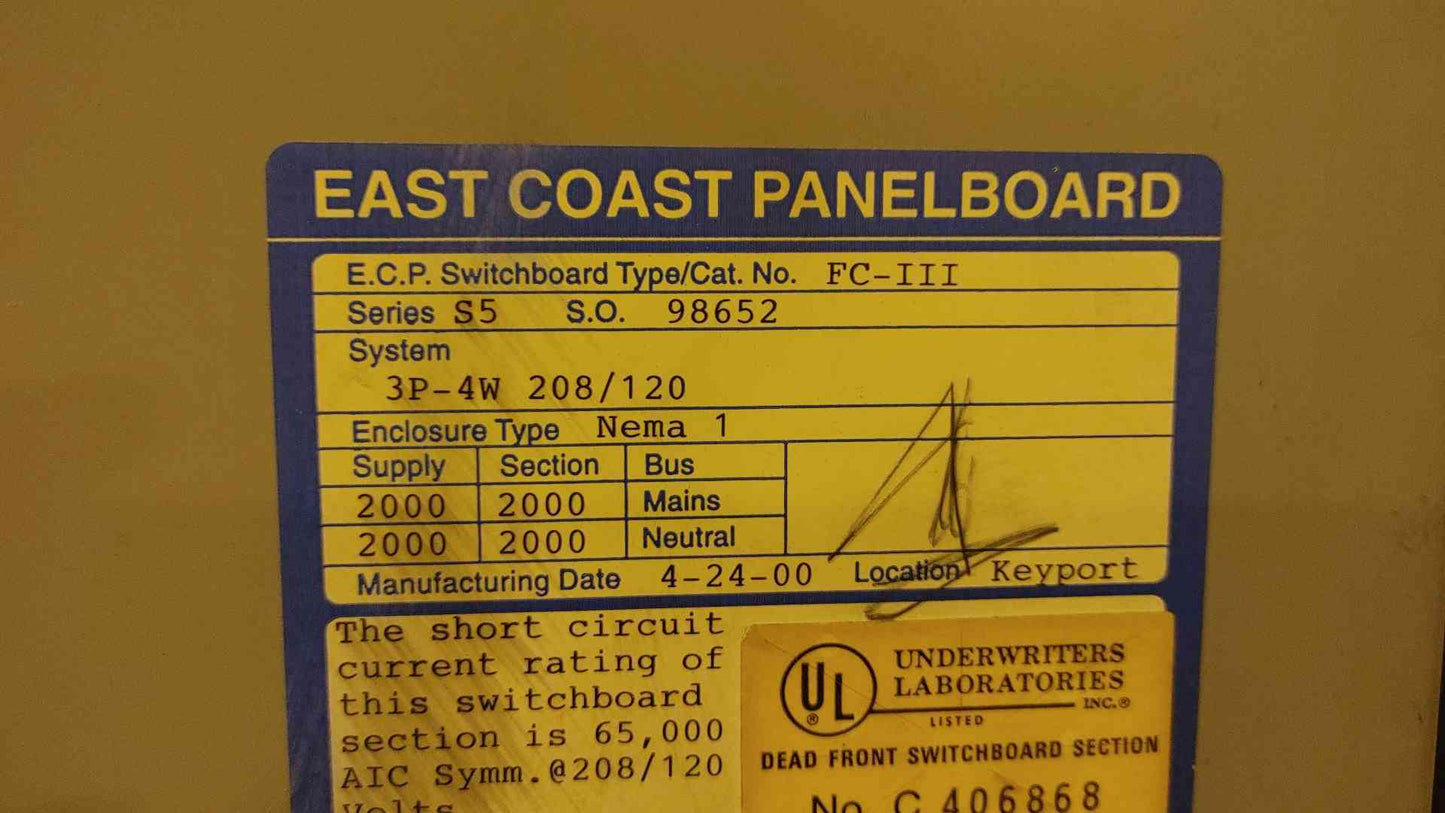 2000A Switchboard Cutler Hammer RGH-C RGH320033EC 208/120V S5 Series FC-III 2000A & 500A Breaker (108898)